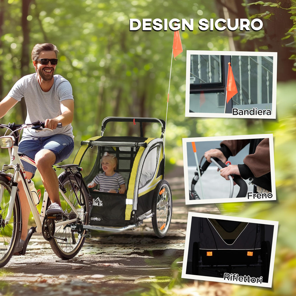 HOMCOM Rimorchio Bici per Bambini e Passeggino, Design 2 in 1 con Freno, Cintura a 5 Punti, Carrello Rimorchio per Bicicletta con Tasche Laterali, Catarifrangenti e Bandierina