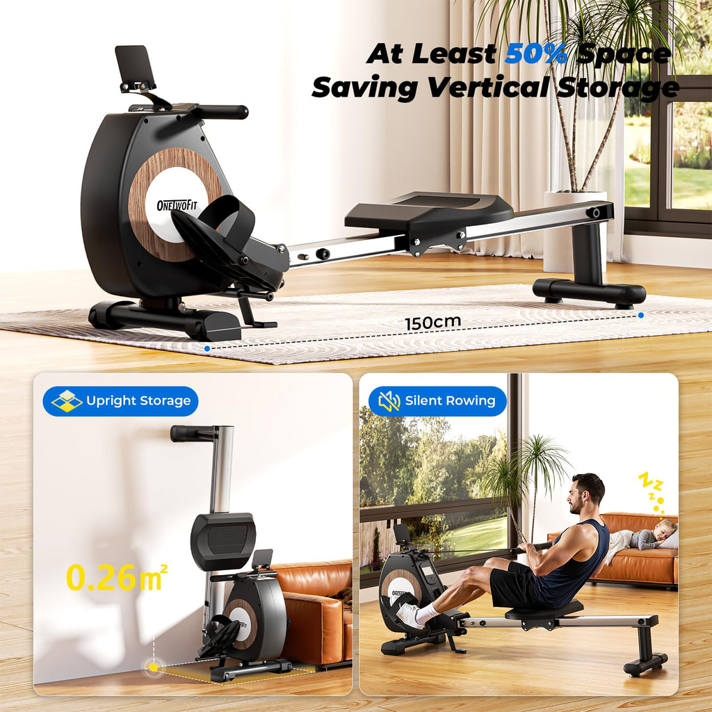 ONETWOFIT Rameur Magnétique, Pliable Silencieux Rameur Fitness À Domicile, 16 Niveaux De Résistance Capacité De 160 Kg Avec Application