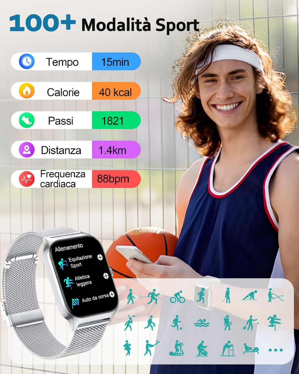 Popglory Smartwatch Uomo Donna Chiamate e Whatsapp, AI Orologio Contapassi 100+ Sports, Assistente, Salute 24/7, Pressione Sanguigna, Cardiofrequenzimetro, SpO2 Sonno, 2 Cinturini per Android iOS