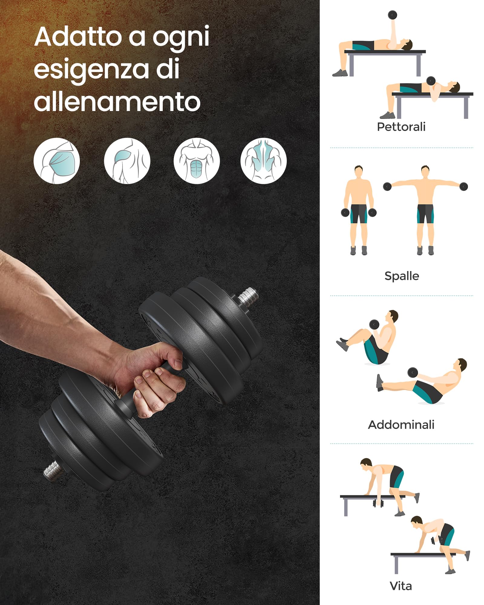 SONGMICS Manubri 2 in 1, Set di Bilanciere Corto, con Tubo di Collegamento in Acciaio, Allenamento, Fitness, Sollevamento Pesi per Casa, Palestra