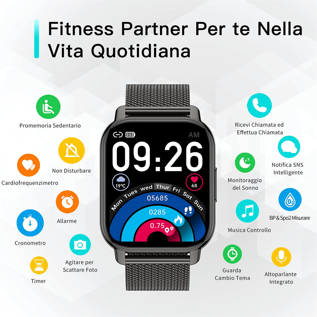 Popglory Smartwatch Uomo Donna Chiamate e Whatsapp, AI Orologio Contapassi 100+ Sports, Assistente, Salute 24/7, Pressione Sanguigna, Cardiofrequenzimetro, SpO2 Sonno, 2 Cinturini per Android iOS