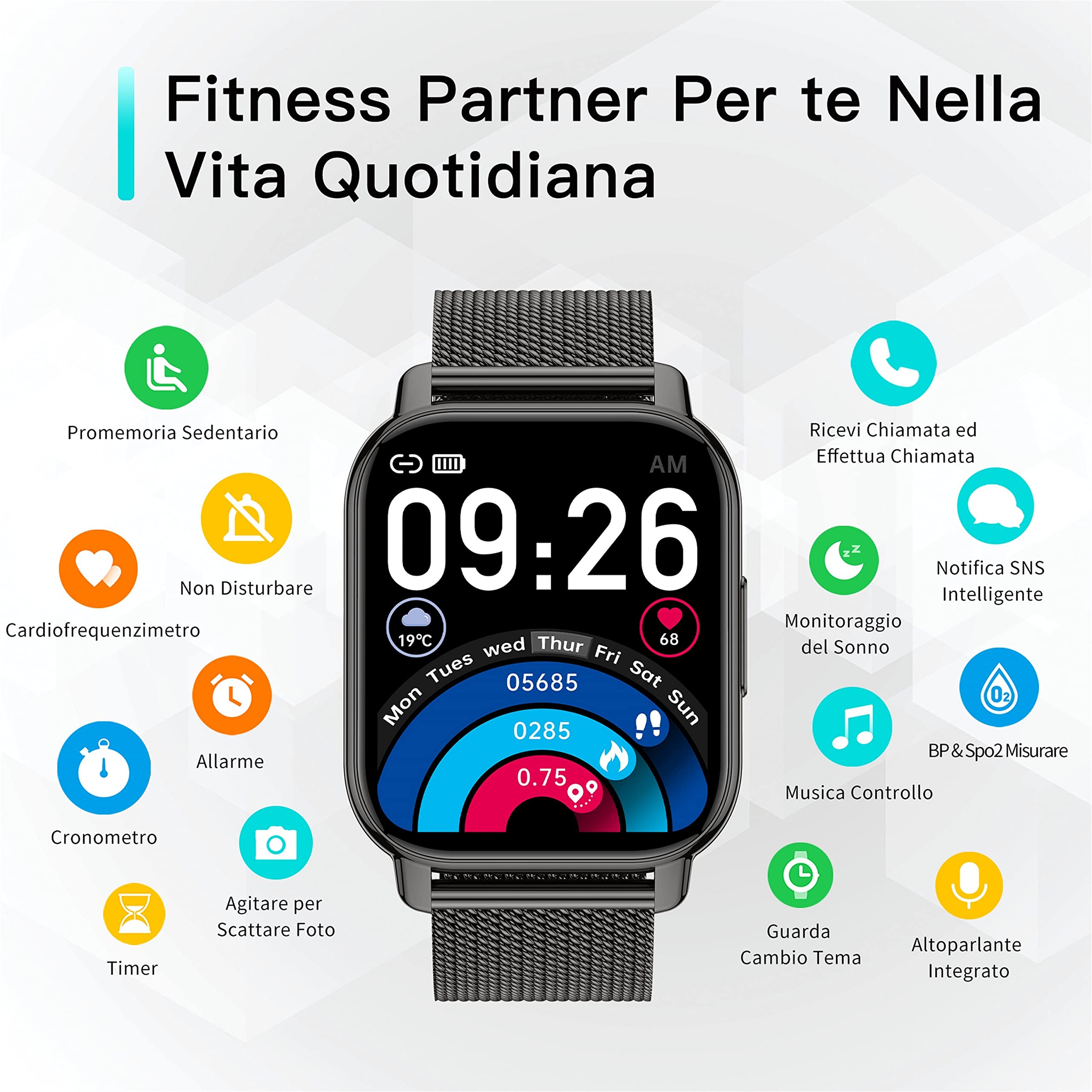 Popglory Smartwatch Uomo Donna Chiamate e Whatsapp, AI Orologio Contapassi 100+ Sports, Assistente, Salute 24/7, Pressione Sanguigna, Cardiofrequenzimetro, SpO2 Sonno, 2 Cinturini per Android iOS