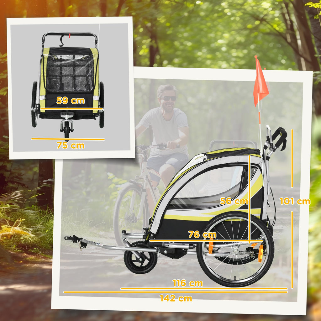 HOMCOM Rimorchio Bici per Bambini e Passeggino, Design 2 in 1 con Freno, Cintura a 5 Punti, Carrello Rimorchio per Bicicletta con Tasche Laterali, Catarifrangenti e Bandierina