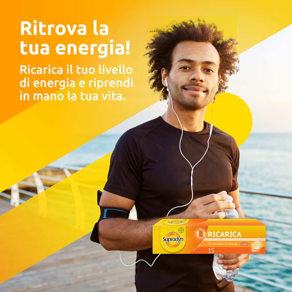 Supradyn Ricarica Multivitaminico Completo Vitamine e Minerali per Adulti, Integratore Vitamine A, B, C, D3, E, K, Magnesio, Calcio, Zinco, Selenio e Q10, Gusto Arancia 60 Compresse Effervescenti