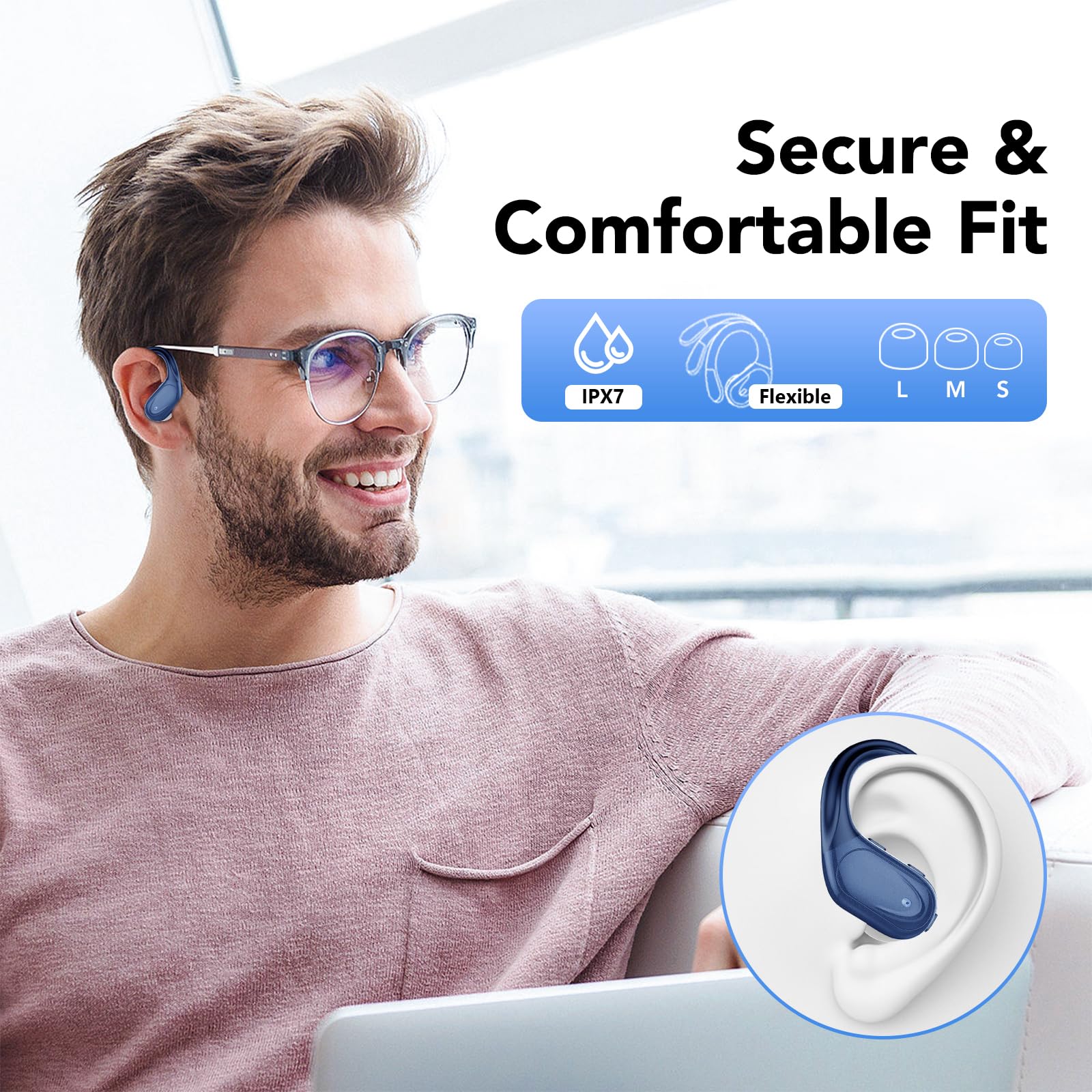 Cuffie Bluetooth, Sport Auricolari Bluetooth 5.3 con Gancio per Orecchio, 60H con Indicatore LED per Cassa di Ricarica, Chiamata ENC HD, Vestibilità Comoda, Basso Profondo, IPX7 Impermeabile(Nero).