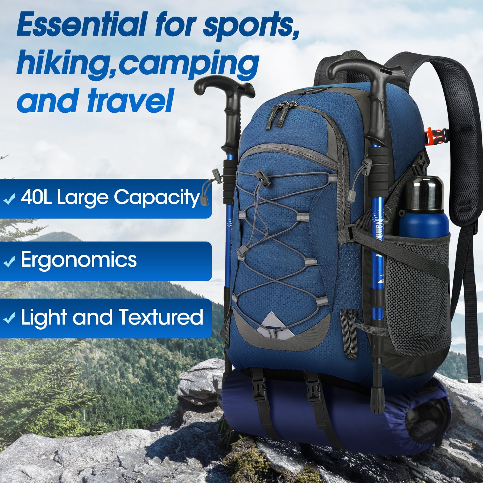 IGOLUMON Zaino Trekking 40 Litri, Zaino Ultraleggero Pieghevole, Impermeabile Zaino da Viaggio per Uomo/Donna, Zaino da Trekking con Strisce Riflettenti, Zaino Montagna per Escursionismo Campeggio