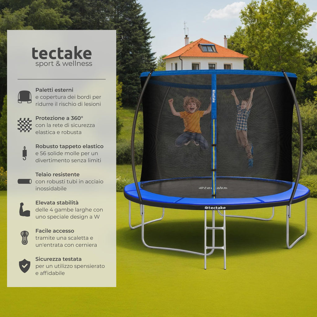 tectake® Trampoline de jardin, pour le fitness et le jeu, pour enfants et adultes, avec filet de sécurité et échelle