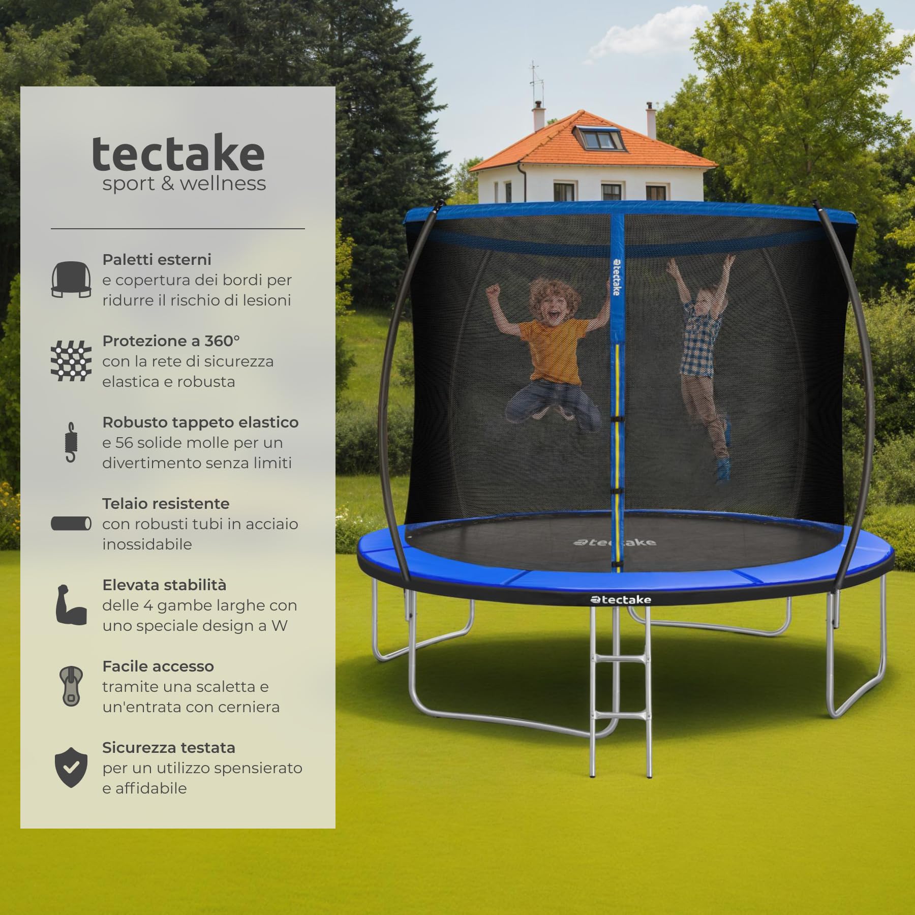 tectake® Trampolino Elastico da Giardino, per Fitness e Gioco, per Bambini e Adulti, con Rete di Sicurezza e Scaletta