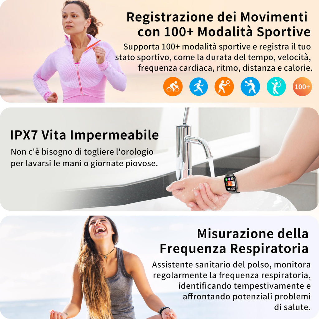 Popglory Smartwatch Uomo Donna Chiamate e Whatsapp, AI Orologio Contapassi 100+ Sports, Assistente, Salute 24/7, Pressione Sanguigna, Cardiofrequenzimetro, SpO2 Sonno, 2 Cinturini per Android iOS