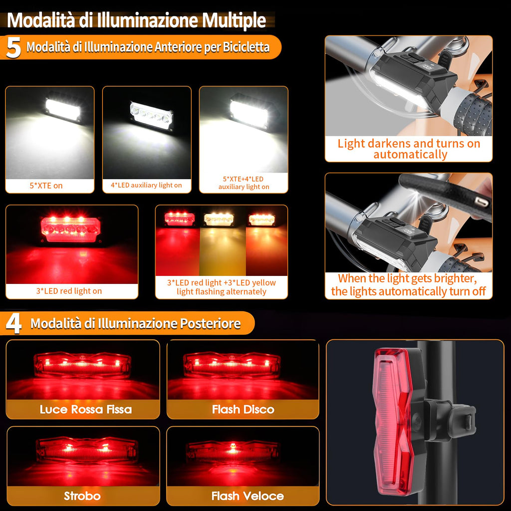 Luci Bici Ricaricabili USB,Luci Bicicletta LED Potenti Super Luminoso 2000 Lumens Luce Bici Anteriore e Posteriore ，Impermeabile IPX5 Set di luci per Bicicletta per Strada e Montagna