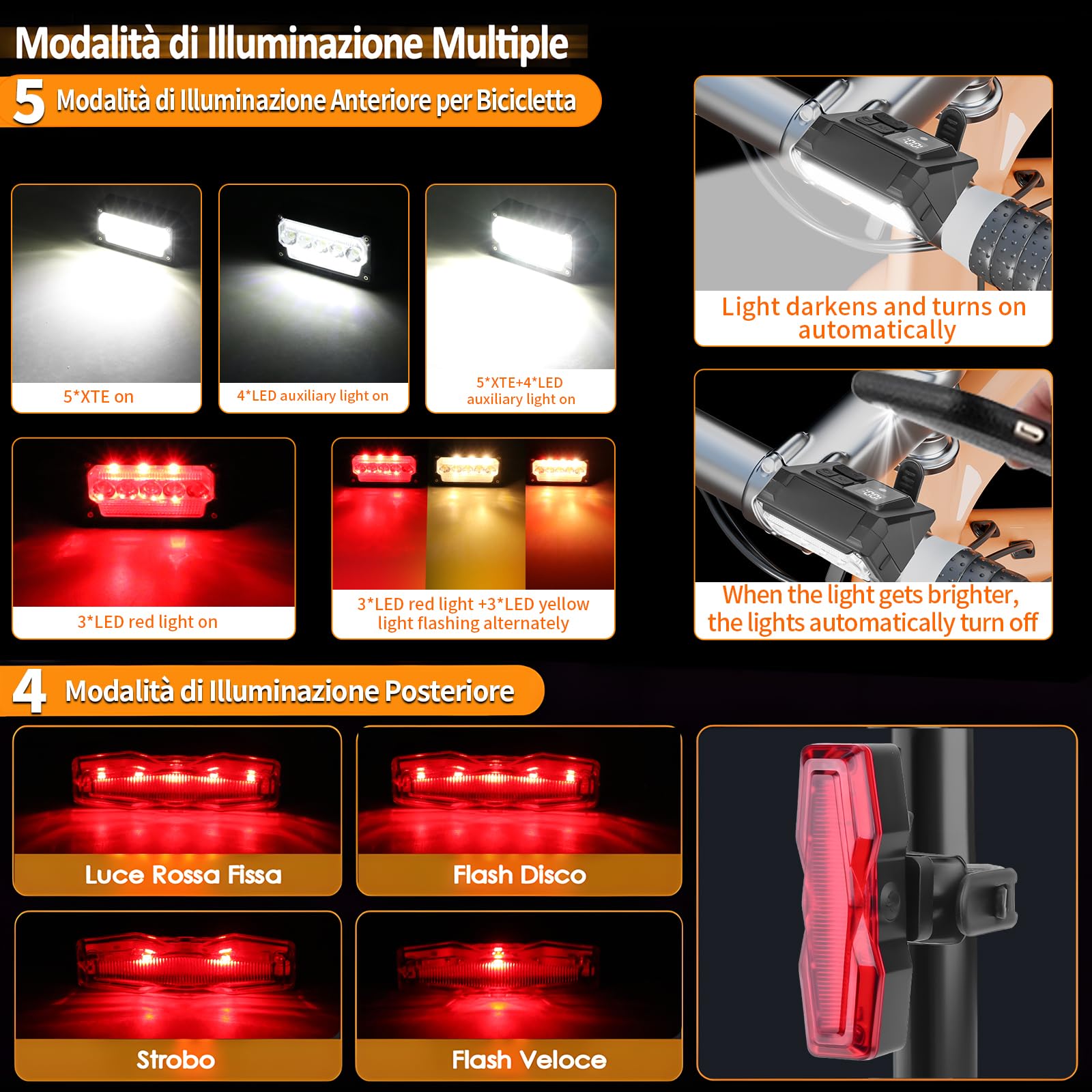 Luci Bici Ricaricabili USB,Luci Bicicletta LED Potenti Super Luminoso 2000 Lumens Luce Bici Anteriore e Posteriore ，Impermeabile IPX5 Set di luci per Bicicletta per Strada e Montagna