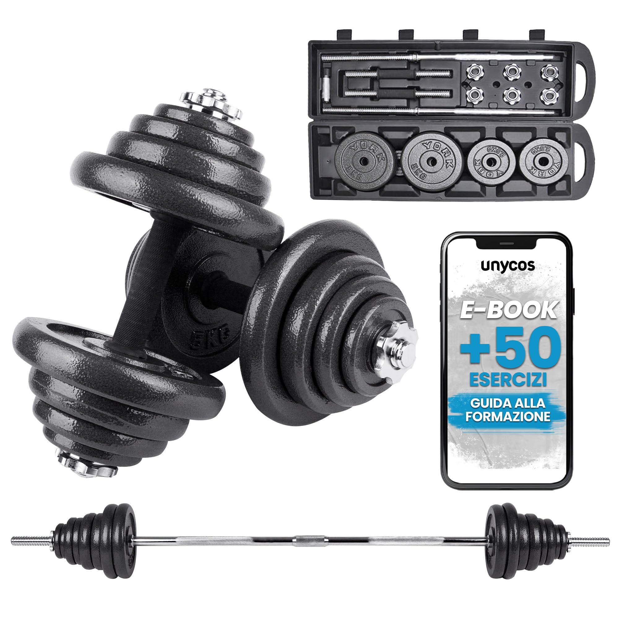 unycos - Manubri Regolabili con Dischi 15-50 kg【E-Book + Valigetta】Coppia di Pesi con Barra di Collegamento Antiscivolo per Uomini/Donne, Allenamento, Palestra in Casa, Fitness (Iron Transformer)