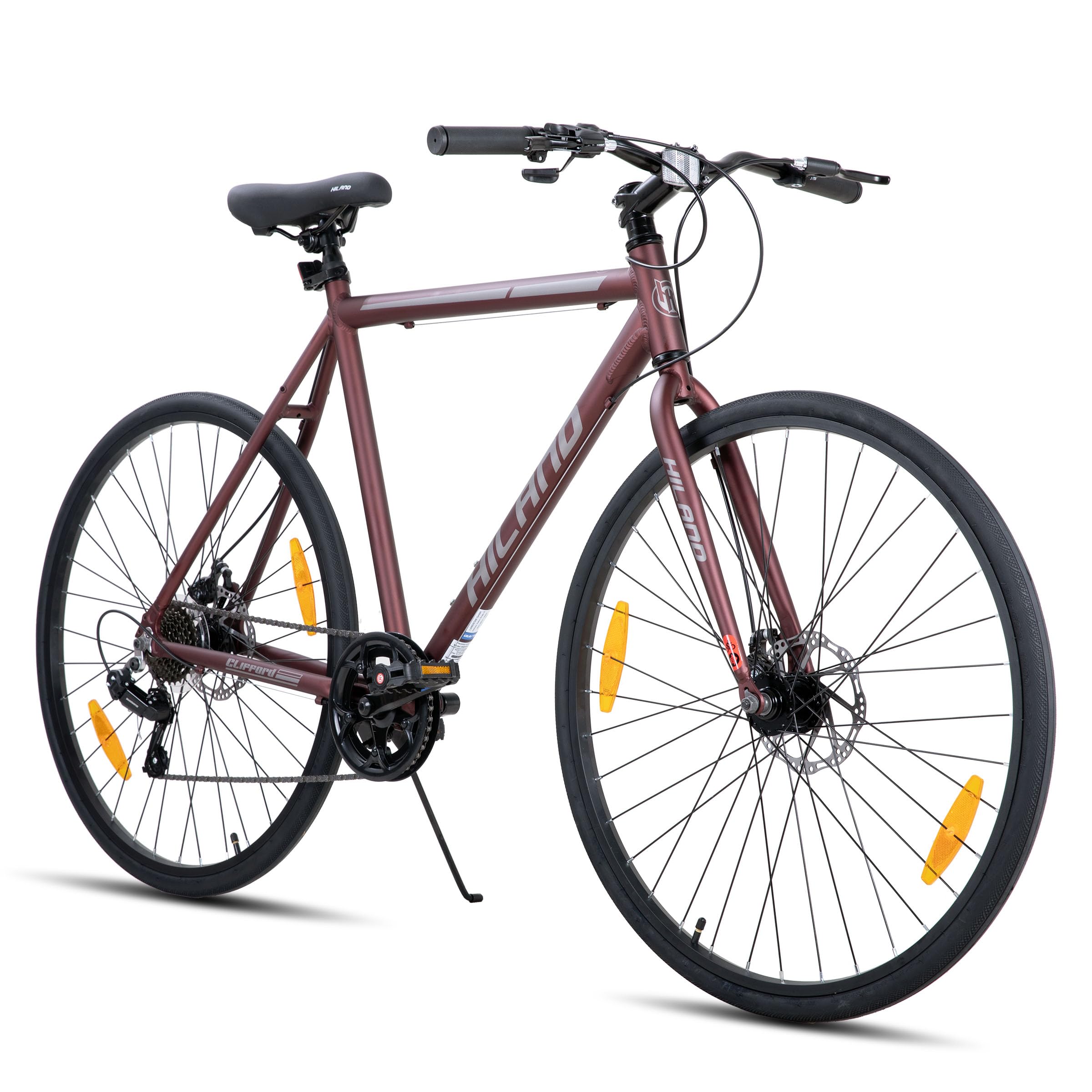 Hiland 700C - Bicicletta da corsa da uomo e donna, telaio in alluminio, 7 marce, con freni a doppio disco, altezza telaio 530 mm/570 mm, bicicletta da strada da 28 pollici, colore nero/rosso/argento