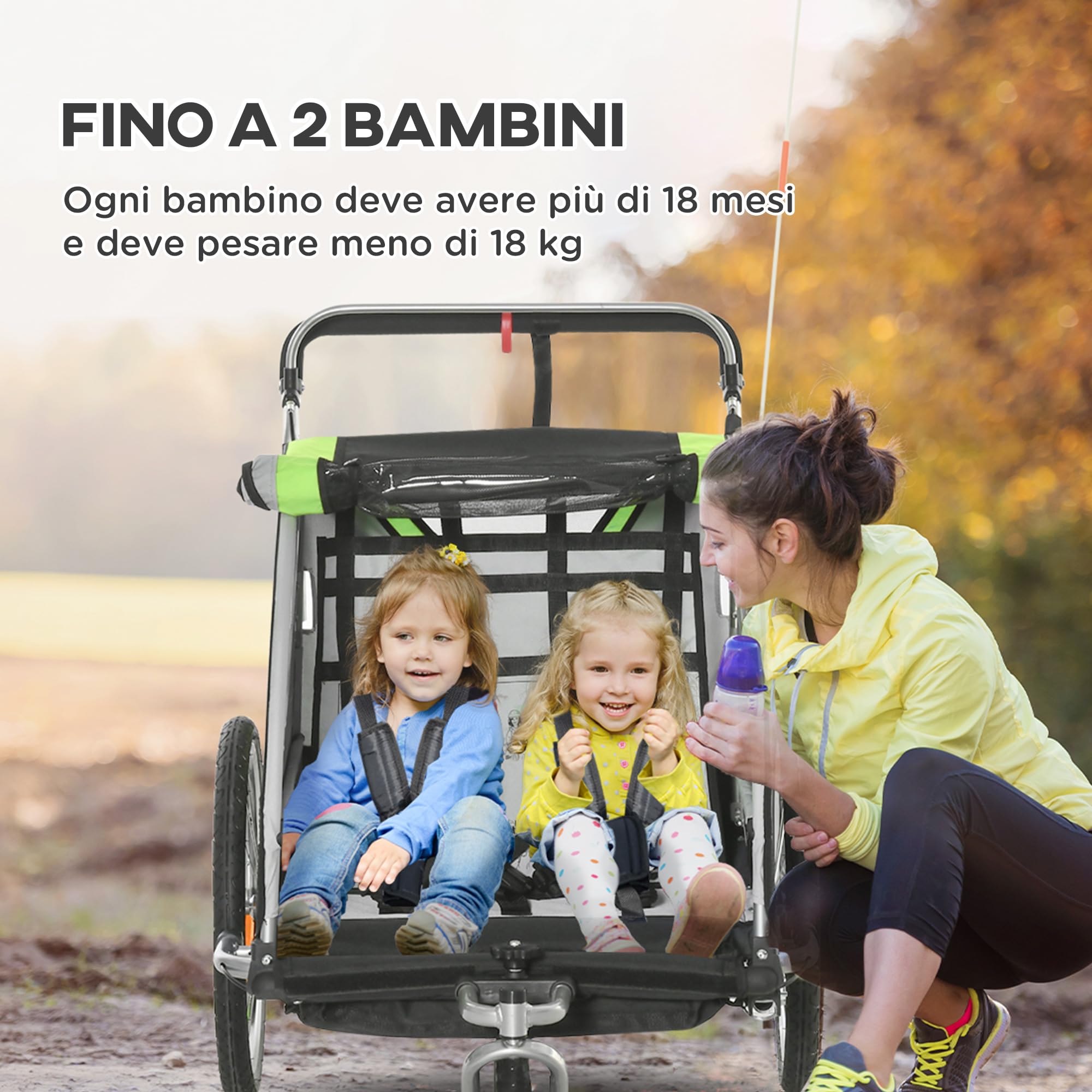 HOMCOM Rimorchio Bici per Bambini e Passeggino, Design 2 in 1 con Freno, Cintura a 5 Punti, Carrello Rimorchio per Bicicletta con Tasche Laterali, Catarifrangenti e Bandierina