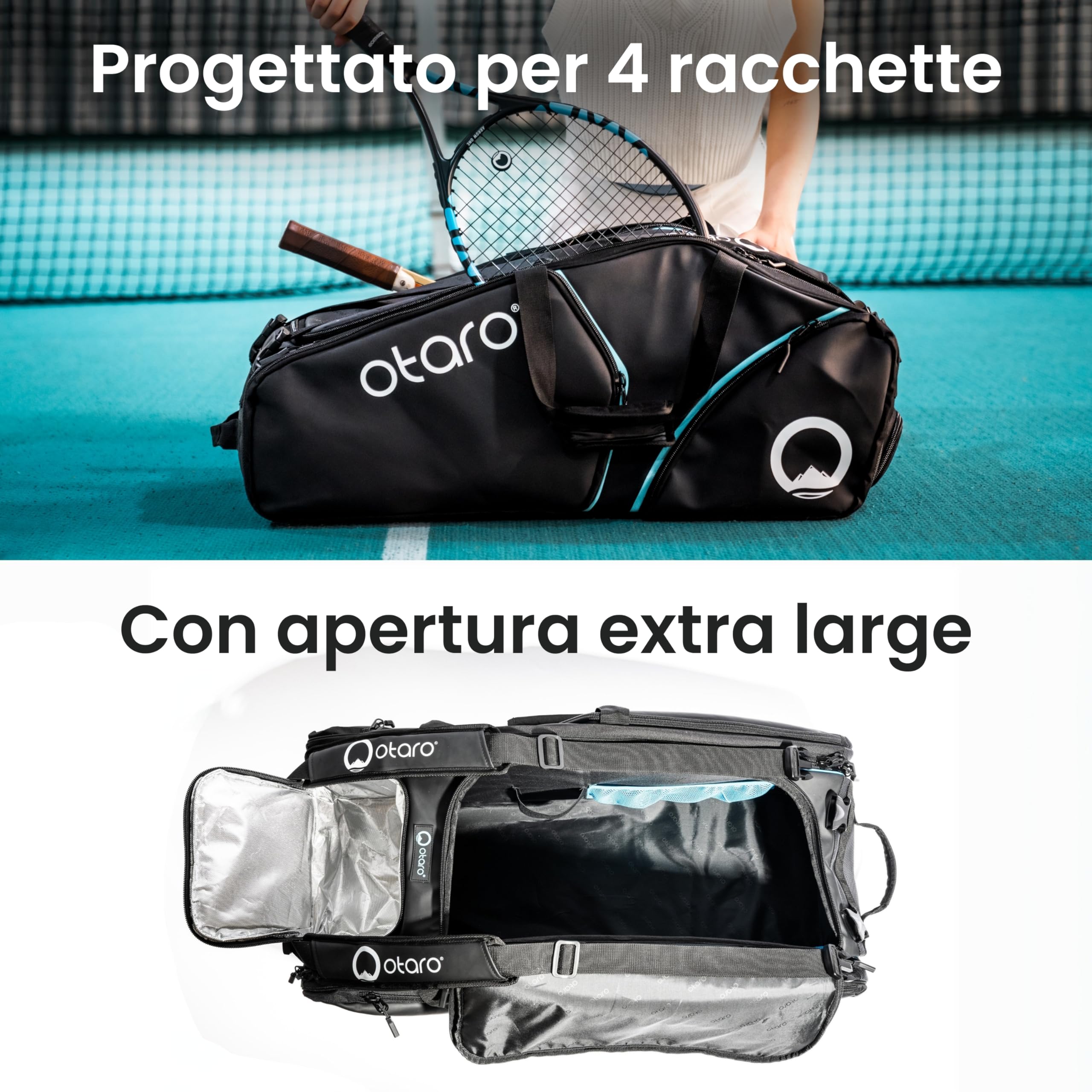 Otaro Sac de tennis 82L | Sac de raquettes de tennis pour 4 raquettes | Avec compartiment isolé, compartiment à chaussures, compartiment thermique et compartiment pour ordinateur portable | Système de transport 3 en 1 | Sac à dos de tennis hydrofuge