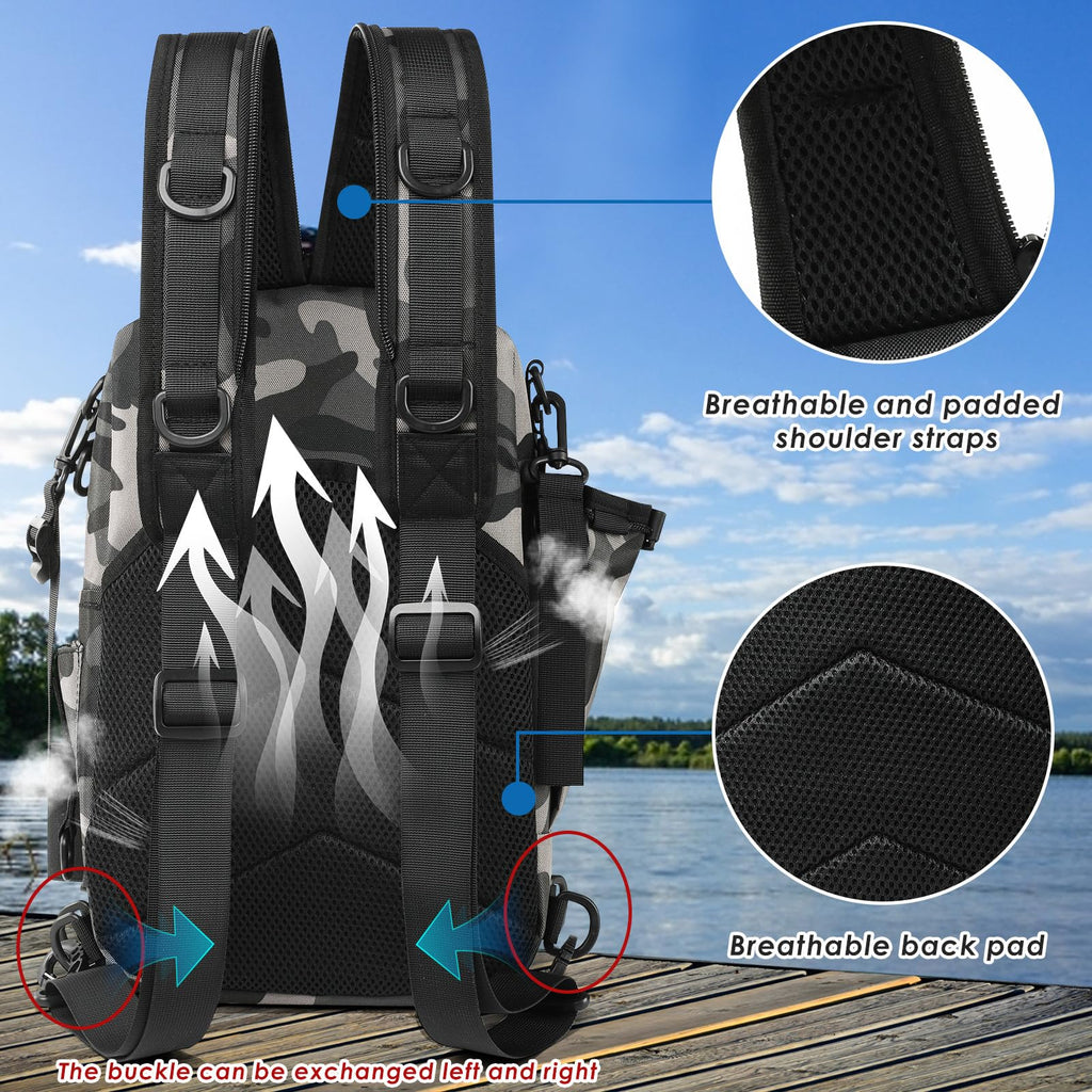 Zaino per Attrezzatura Pesca con Portacanna - Borsa Impermeabile e Traspirante per Pesca, Escursionismo, Caccia, Campeggio (Black)