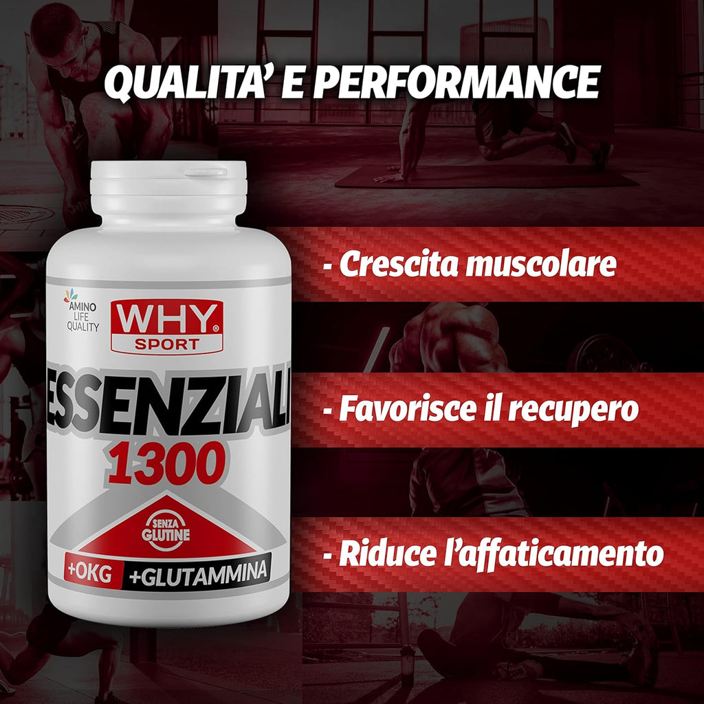 WHY SPORT ESSENZIALI 1300 - Acides Aminés Essentiels avec Vitamine B6 et Glutamine - 200 Comprimés