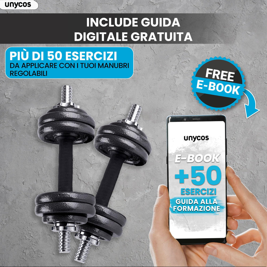 unycos - Haltères Réglables avec Disques 15-50 kg【E-Book + Mallette】Paire de Poids avec Barre de Connexion Antidérapante pour Hommes/Femmes, Entraînement, Gym à Domicile, Fitness (Iron Transformer)