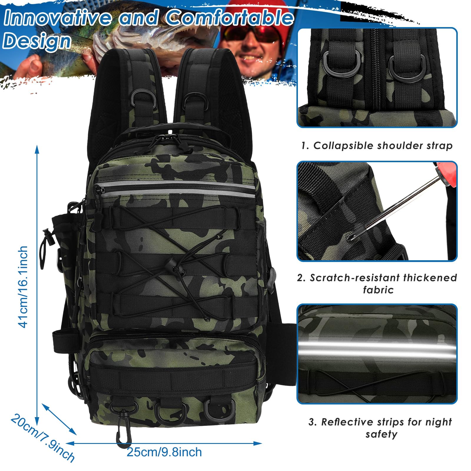 Zaino per Attrezzatura Pesca con Portacanna - Borsa Impermeabile e Traspirante per Pesca, Escursionismo, Caccia, Campeggio (Black)