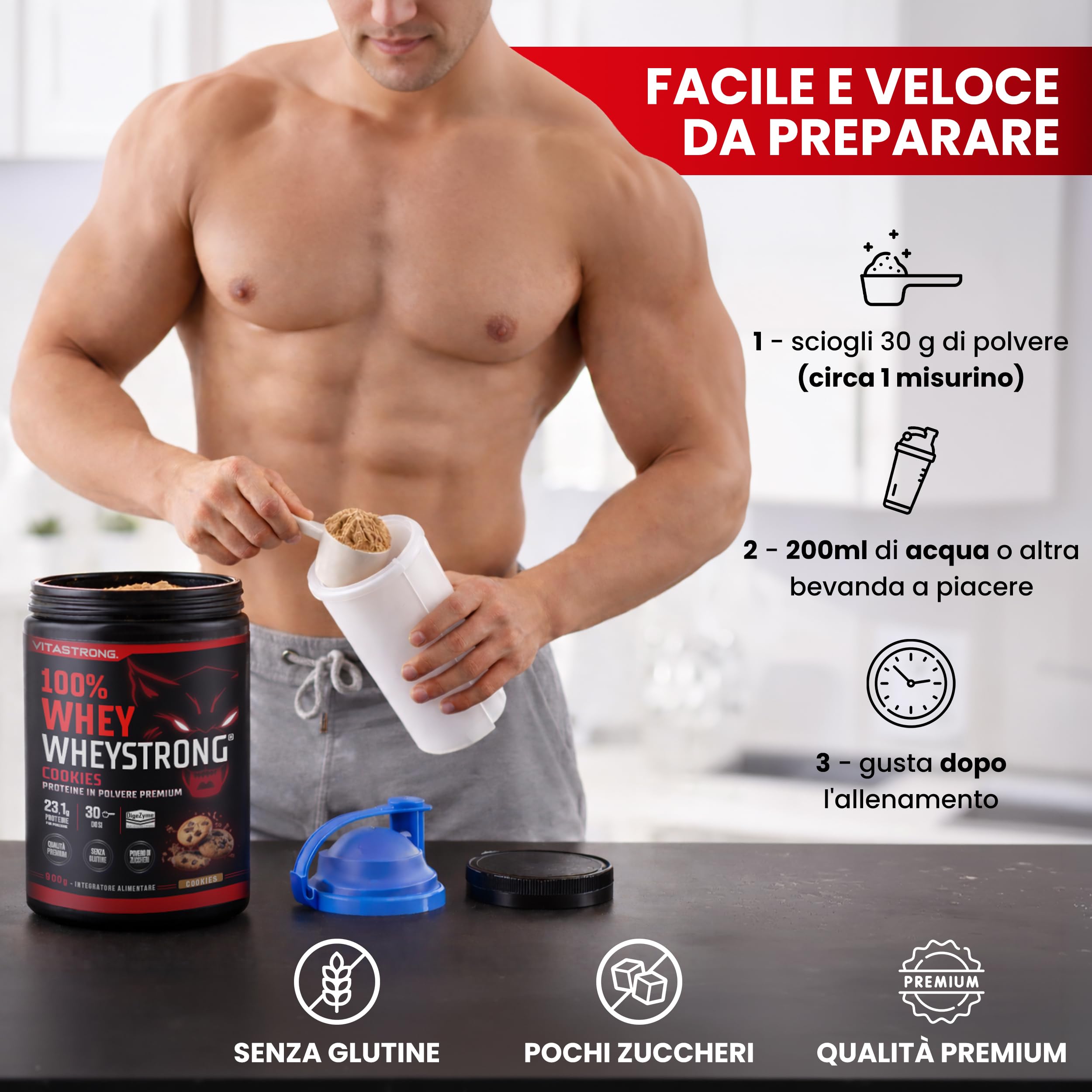 Proteine in Polvere 900g, 100% Proteine Whey Strong con DigeZyme® Alta Digeribilità e Concentrazione, Proteine del Siero del Latte da Fornitori Italiani (900g, Vaniglia)