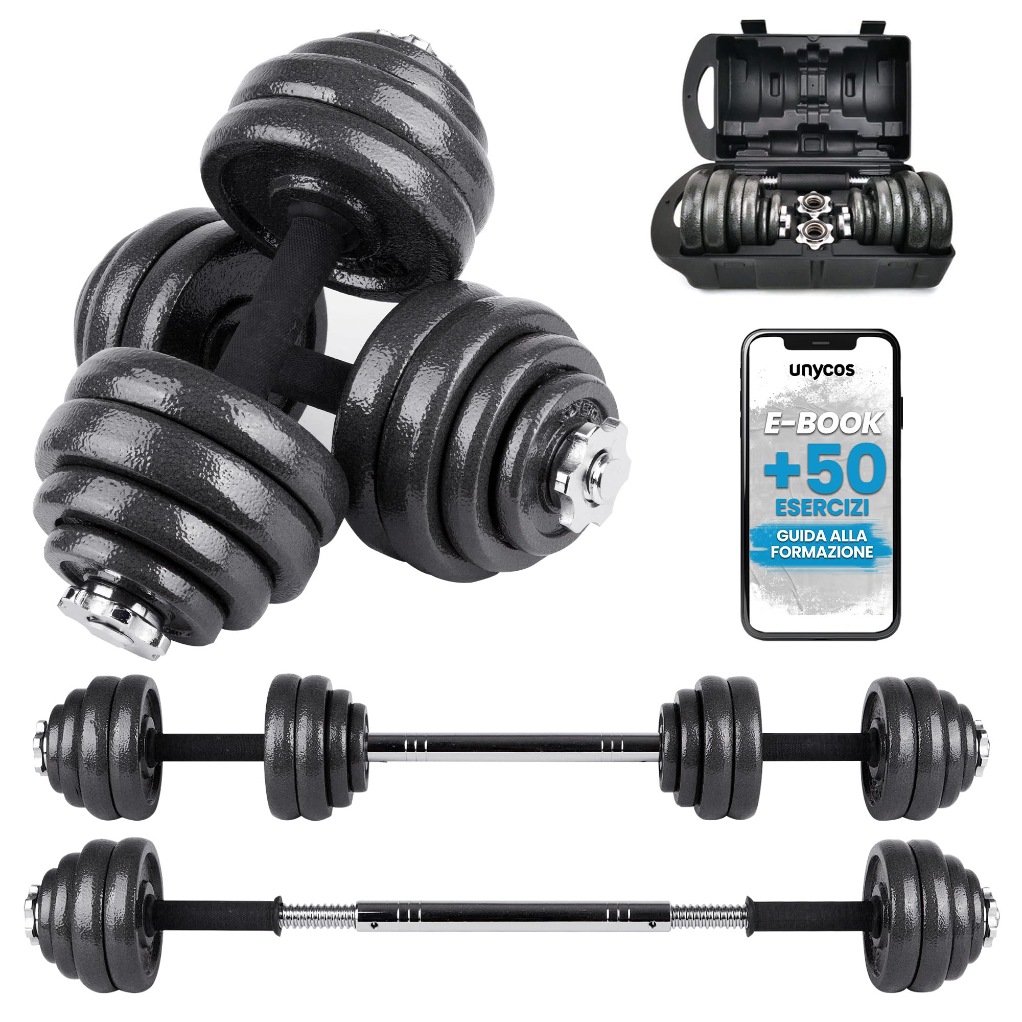 unycos - Manubri Regolabili con Dischi 15-50 kg【E-Book + Valigetta】Coppia di Pesi con Barra di Collegamento Antiscivolo per Uomini/Donne, Allenamento, Palestra in Casa, Fitness (Iron Transformer)
