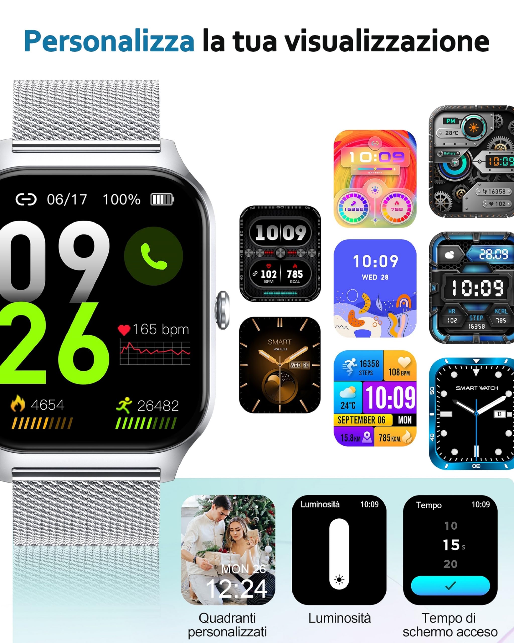 Popglory Smartwatch Uomo Donna Chiamate e Whatsapp, AI Orologio Contapassi 100+ Sports, Assistente, Salute 24/7, Pressione Sanguigna, Cardiofrequenzimetro, SpO2 Sonno, 2 Cinturini per Android iOS