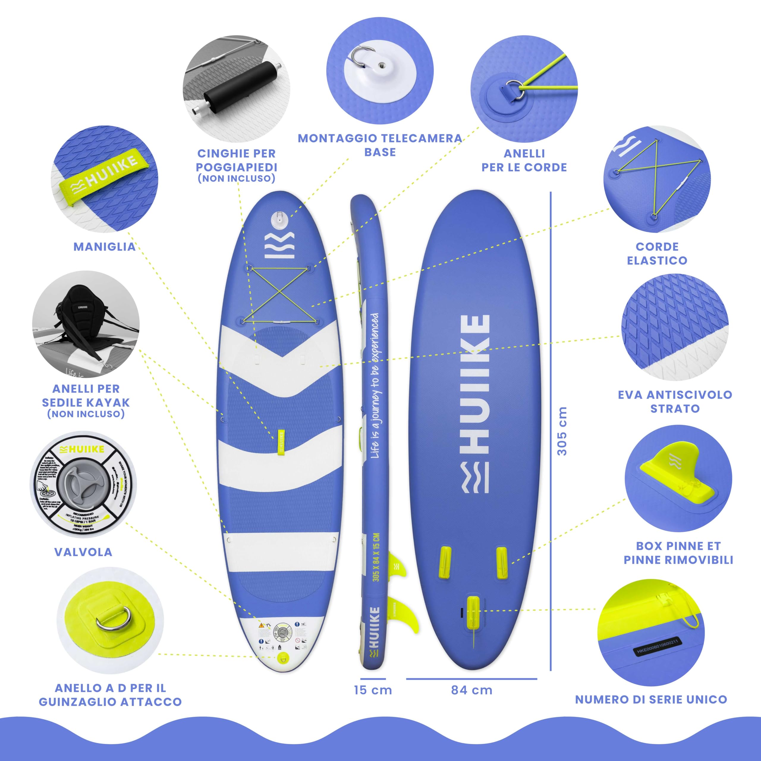 HUIIKE Tavola Sup Gonfiabile Adulti con Accessori Inclusi, Pagaia, Pinne, Pompa. Stand Up Paddle Board con Grande Stabilità e Resistenza. 305 x 84 x 15 cm, Carico Massimo 130 kg