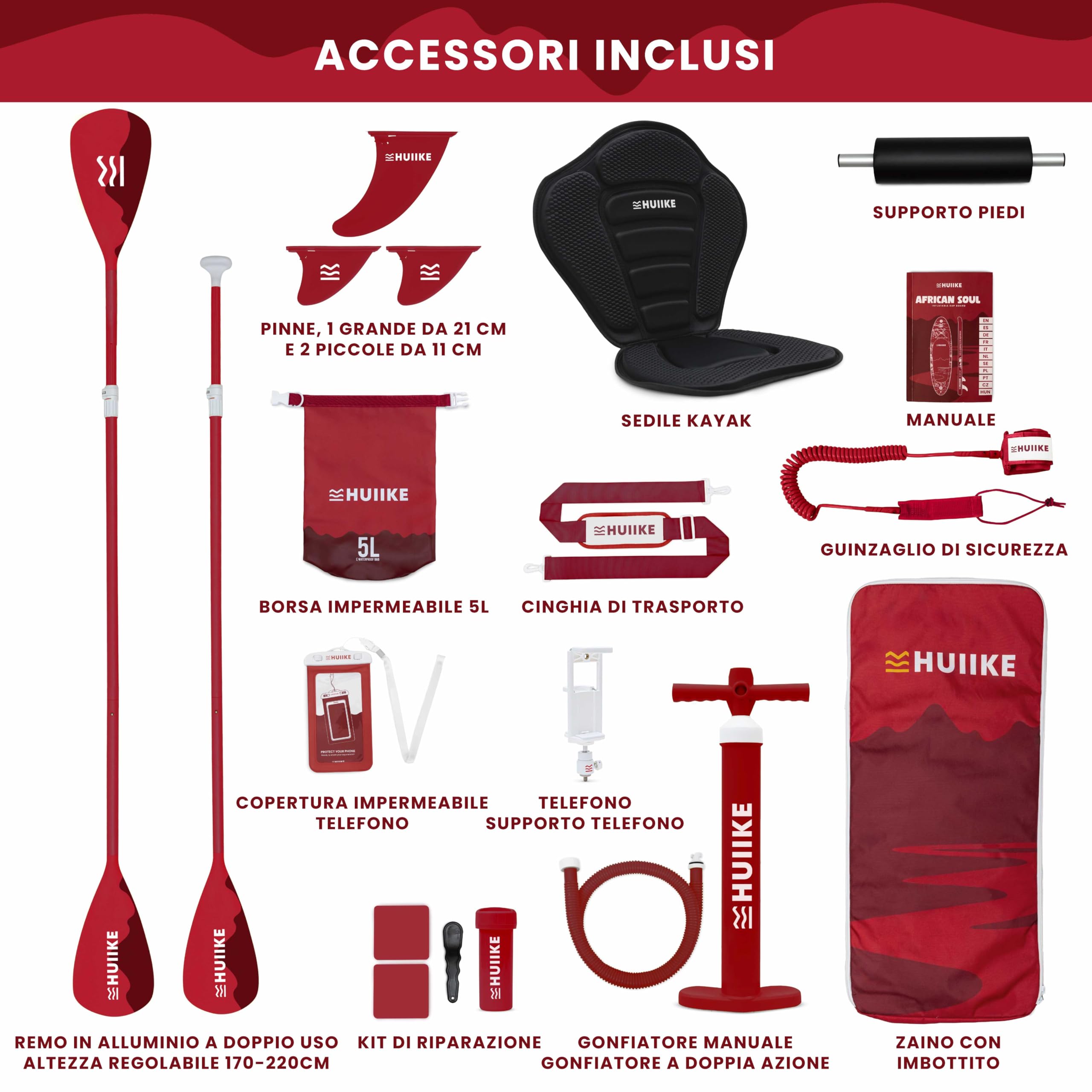 HUIIKE Tavola Sup Gonfiabile Adulti con Accessori Inclusi, Pagaia, Pinne, Pompa. Stand Up Paddle Board con Grande Stabilità e Resistenza. 305 x 84 x 15 cm, Carico Massimo 130 kg