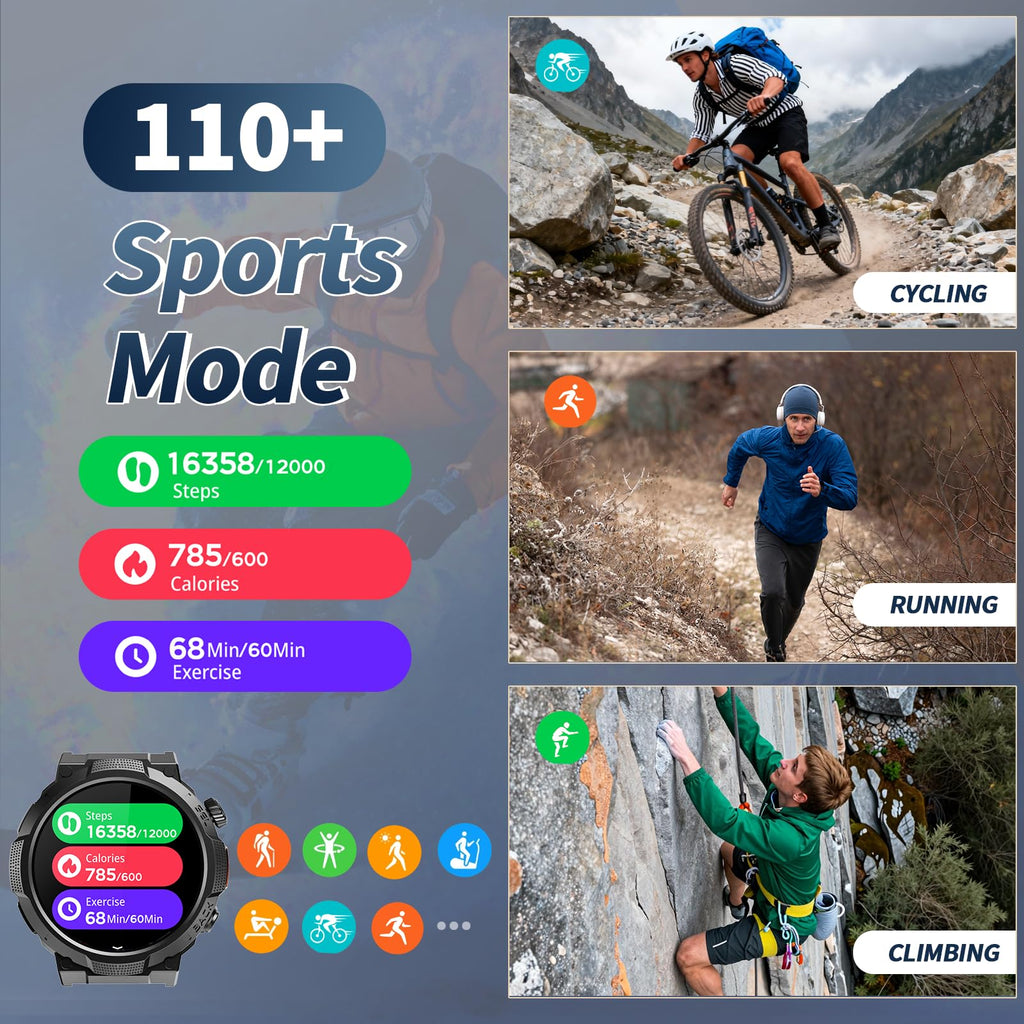 Smartwatch Uomo Militare, Orologio Smartwatch 1.43" con Chiamate Bluetooth, 100+ Modalità Sportive, Batteria 1000 mAh, Monitoraggio Sonno e Cardiofrequenzimetro, Torcia e Bussola per IOS/Android