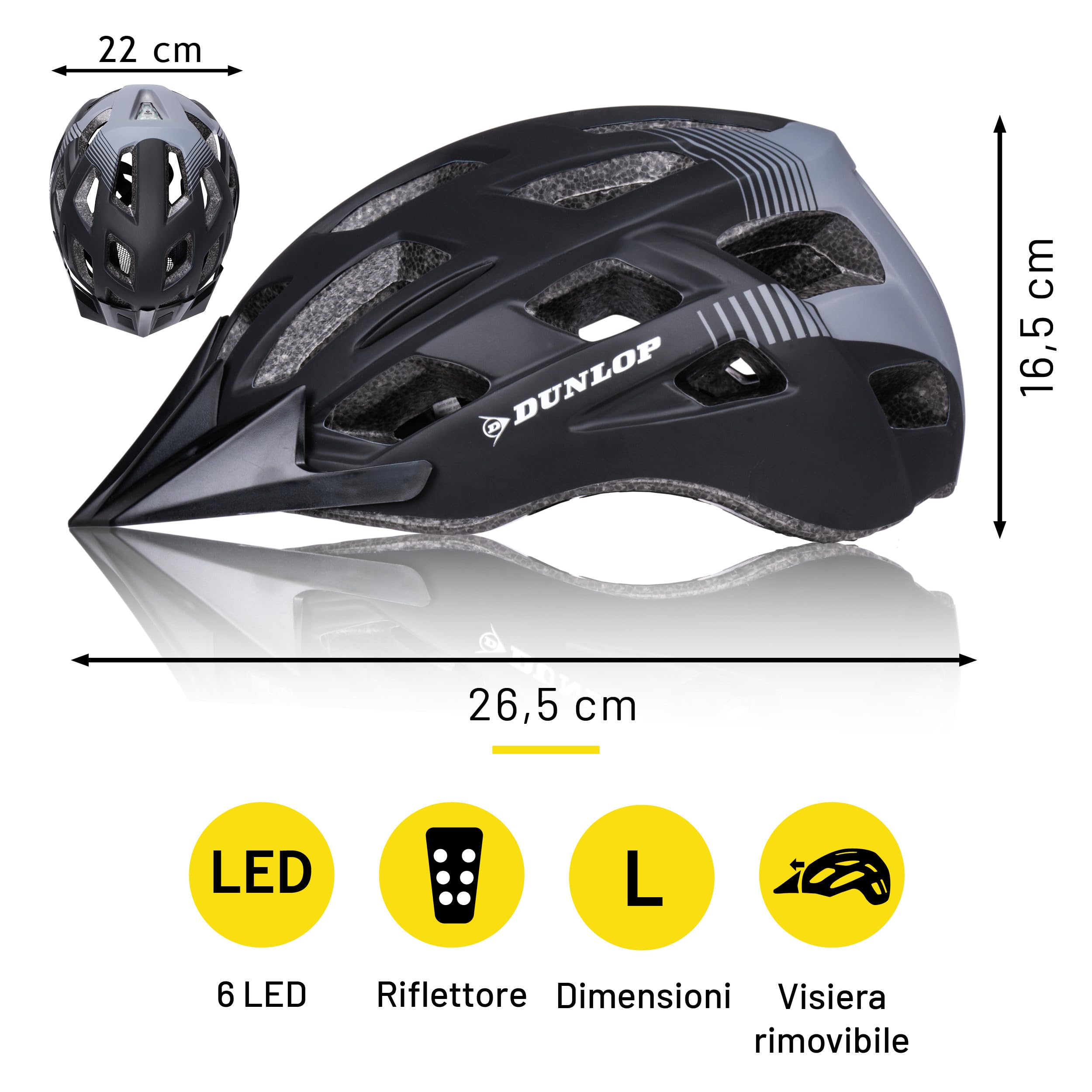 Dunlop Casco da bicicletta con luce - Casco da bicicletta per uomo e donna - Regolabile da 55 a 58 cm - Misura del casco da bicicletta - con illuminazione a LED - 3 modalità di luce - Nero