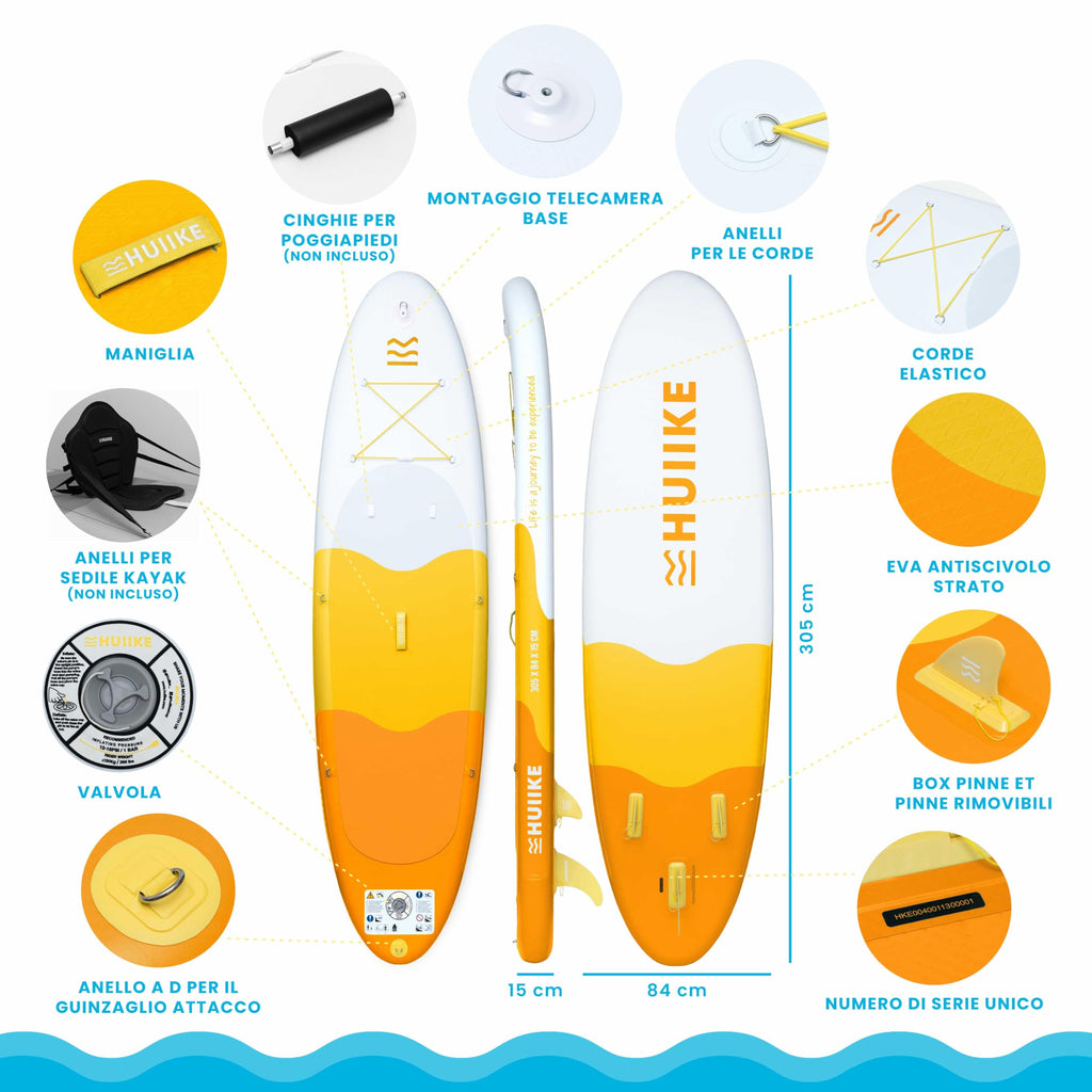 HUIIKE Tavola Sup Gonfiabile Adulti con Accessori Inclusi, Pagaia, Pinne, Pompa. Stand Up Paddle Board con Grande Stabilità e Resistenza. 305 x 84 x 15 cm, Carico Massimo 130 kg