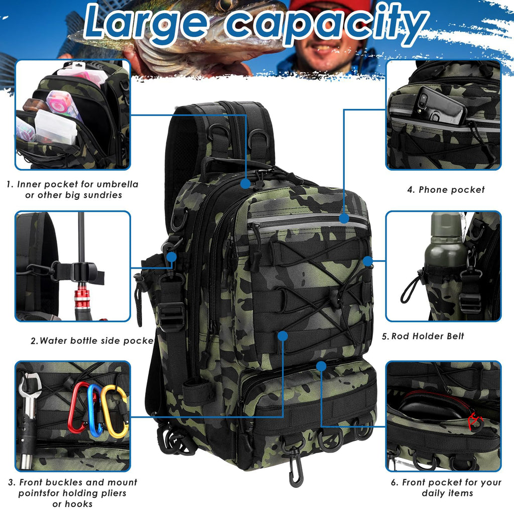 Zaino per Attrezzatura Pesca con Portacanna - Borsa Impermeabile e Traspirante per Pesca, Escursionismo, Caccia, Campeggio (Black)