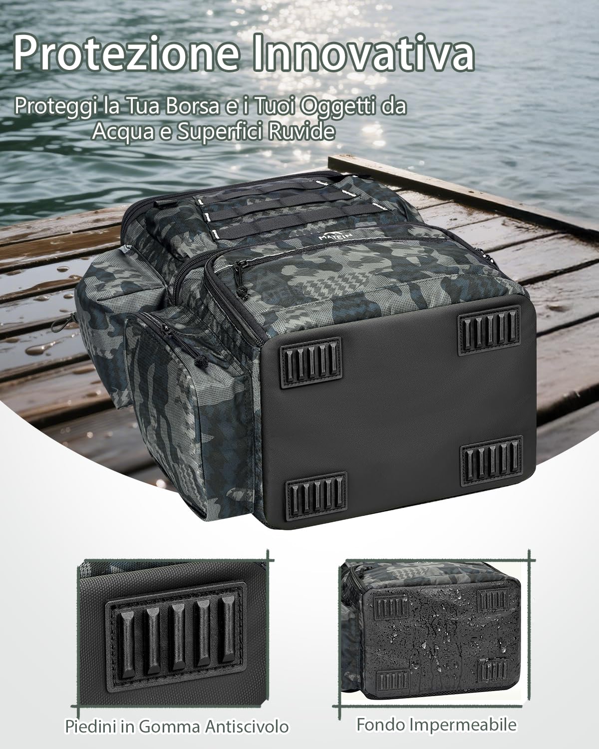 MATEIN Zaino Pesca con Scatole e Portacanna, Impermeabile Zaino da Pesca per Uomo con Scomparto Termico Isolato, Zaini per Attrezzatura con 4 Scatole per Campeggio, Regali per Pescatori, Mimetico