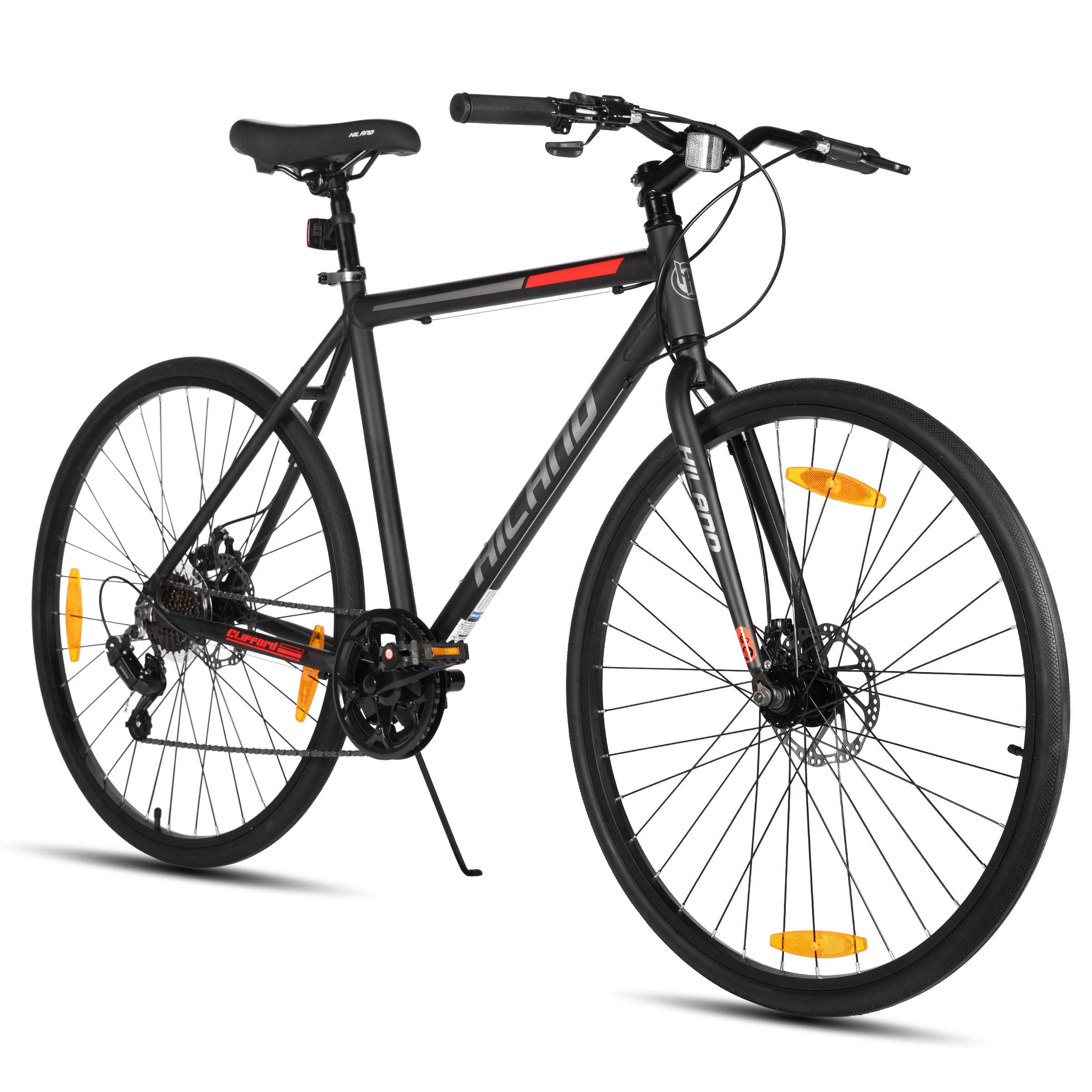 Hiland 700C - Bicicletta da corsa da uomo e donna, telaio in alluminio, 7 marce, con freni a doppio disco, altezza telaio 530 mm/570 mm, bicicletta da strada da 28 pollici, colore nero/rosso/argento