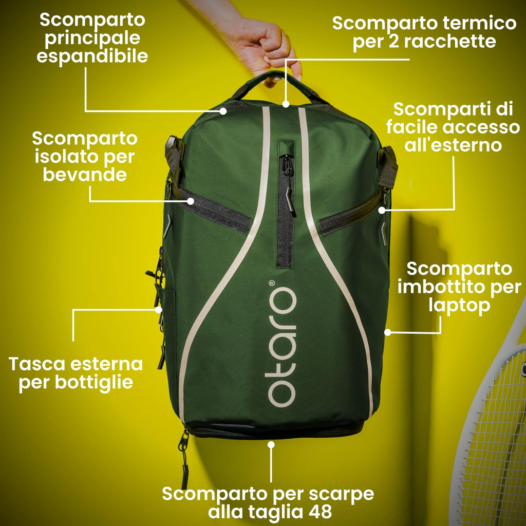 Otaro Zaino Tennis | Zaino con porta scarpe, scomparto per laptop e scomparto per 2 racchette | Zaino sportivo | Porta racchetta tennis | Borsa tennis con copertura antipioggia e sacca per biancheria