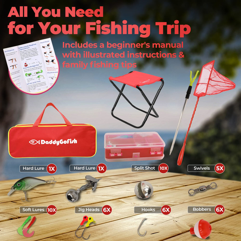 DaddyGoFish Kids Canna da Pesca Telescopica Spincast Combo Sedia Pieghevole Portacanna Tackle Box Bait Net Ragazzi Ragazze