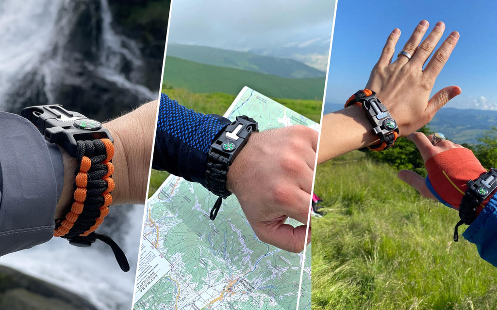 Braccialetto Sopravvivenza in Paracord (Coppia) │ Accendifuoco in selce e Acciaio, Fischietto, Bussola, Fascia Regolabile per Campeggio, bushcraft, Kit di Emergenza (Nero e Arancione)