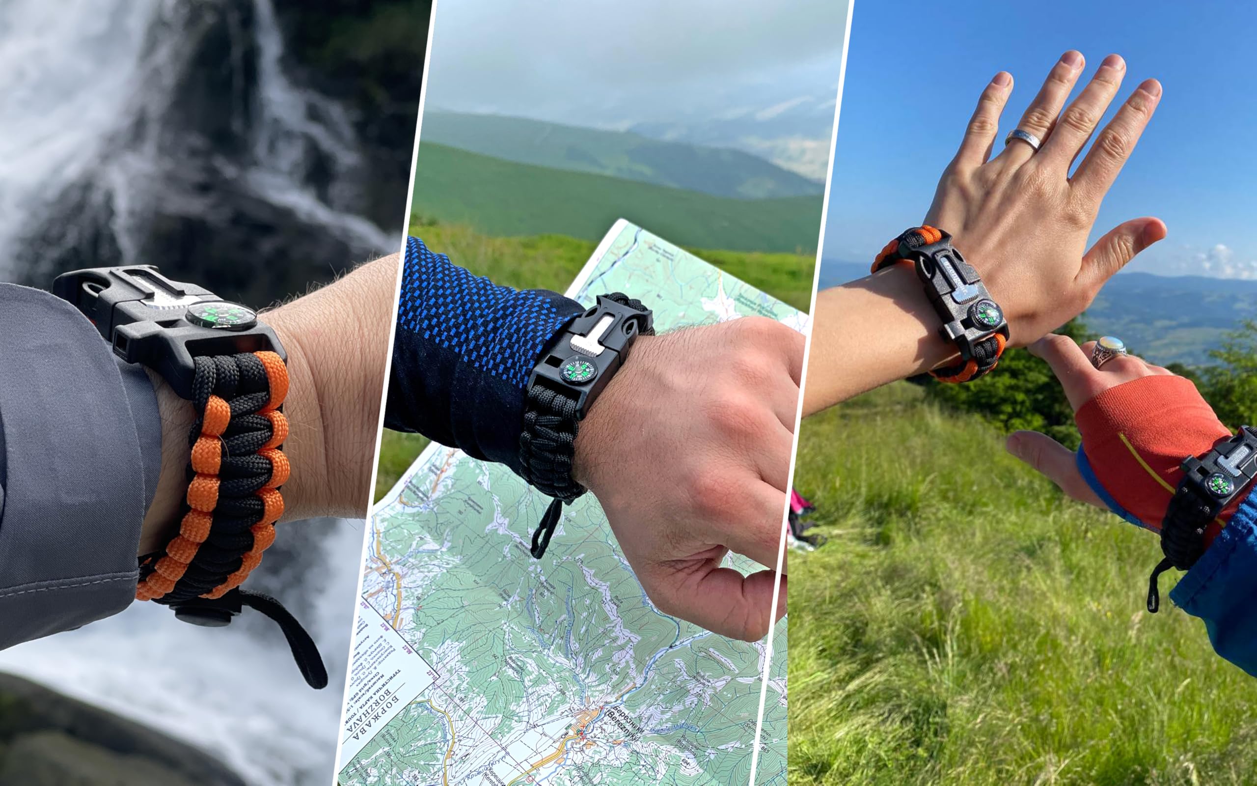 Braccialetto Sopravvivenza in Paracord (Coppia) │ Accendifuoco in selce e Acciaio, Fischietto, Bussola, Fascia Regolabile per Campeggio, bushcraft, Kit di Emergenza (Nero e Arancione)