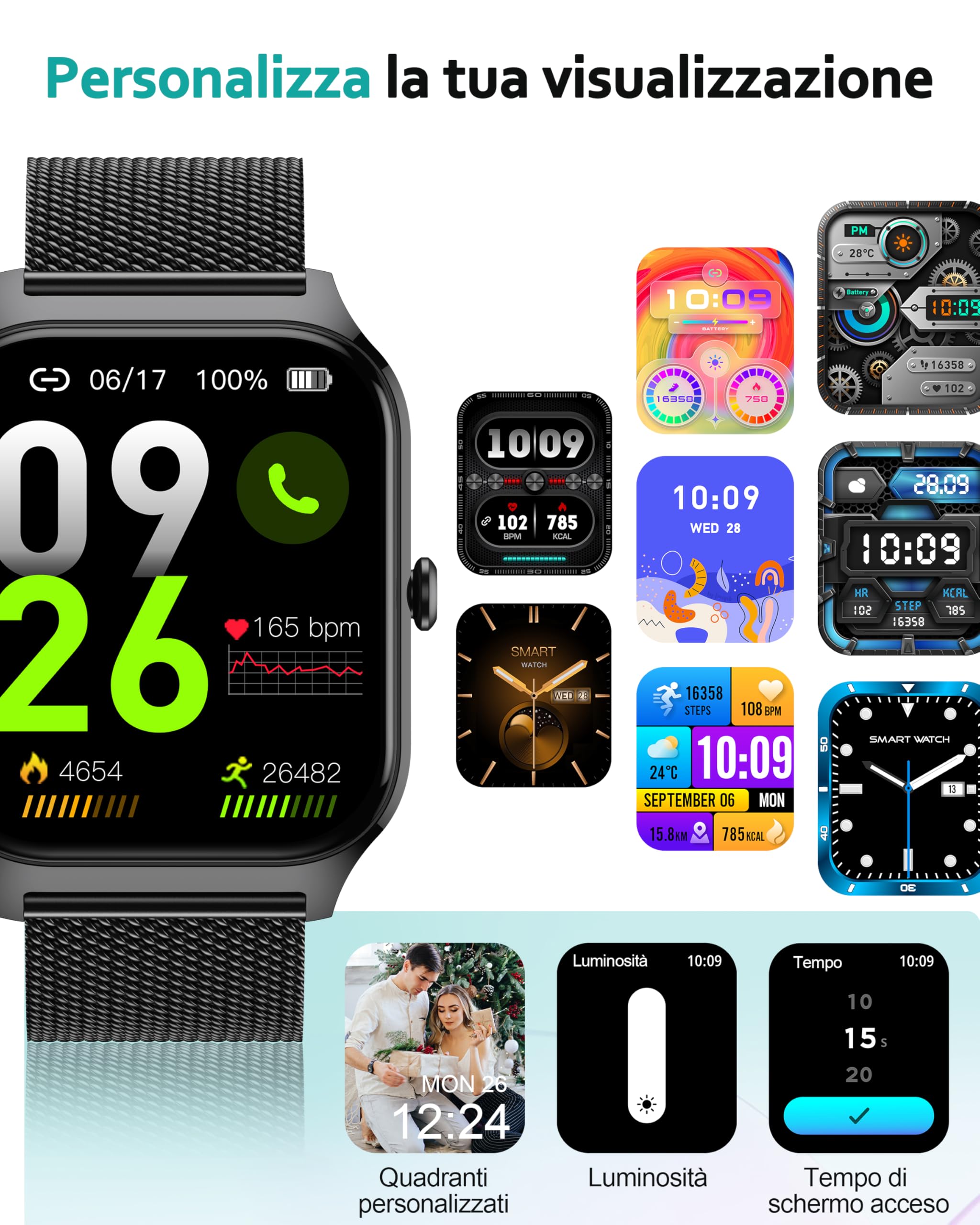 Popglory Smartwatch Uomo Donna Chiamate e Whatsapp, AI Orologio Contapassi 100+ Sports, Assistente, Salute 24/7, Pressione Sanguigna, Cardiofrequenzimetro, SpO2 Sonno, 2 Cinturini per Android iOS