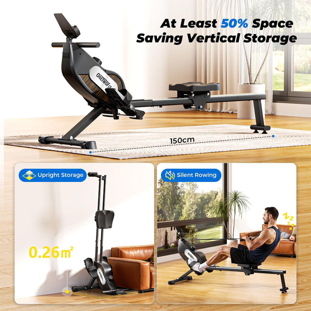 ONETWOFIT Rameur Magnétique, Pliable Silencieux Rameur Fitness À Domicile, 16 Niveaux De Résistance Capacité De 160 Kg Avec Application