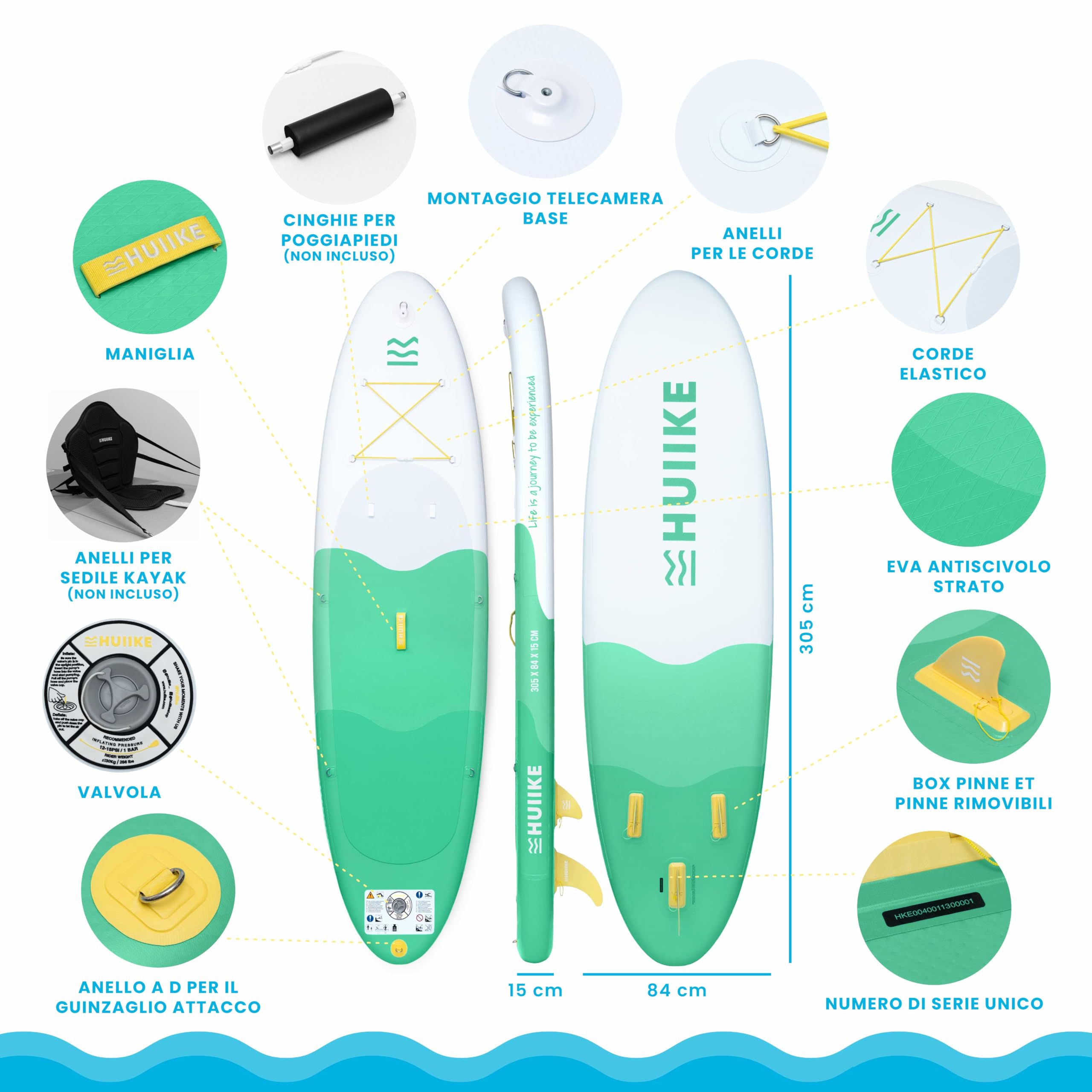 HUIIKE Tavola Sup Gonfiabile Adulti con Accessori Inclusi, Pagaia, Pinne, Pompa. Stand Up Paddle Board con Grande Stabilità e Resistenza. 305 x 84 x 15 cm, Carico Massimo 130 kg