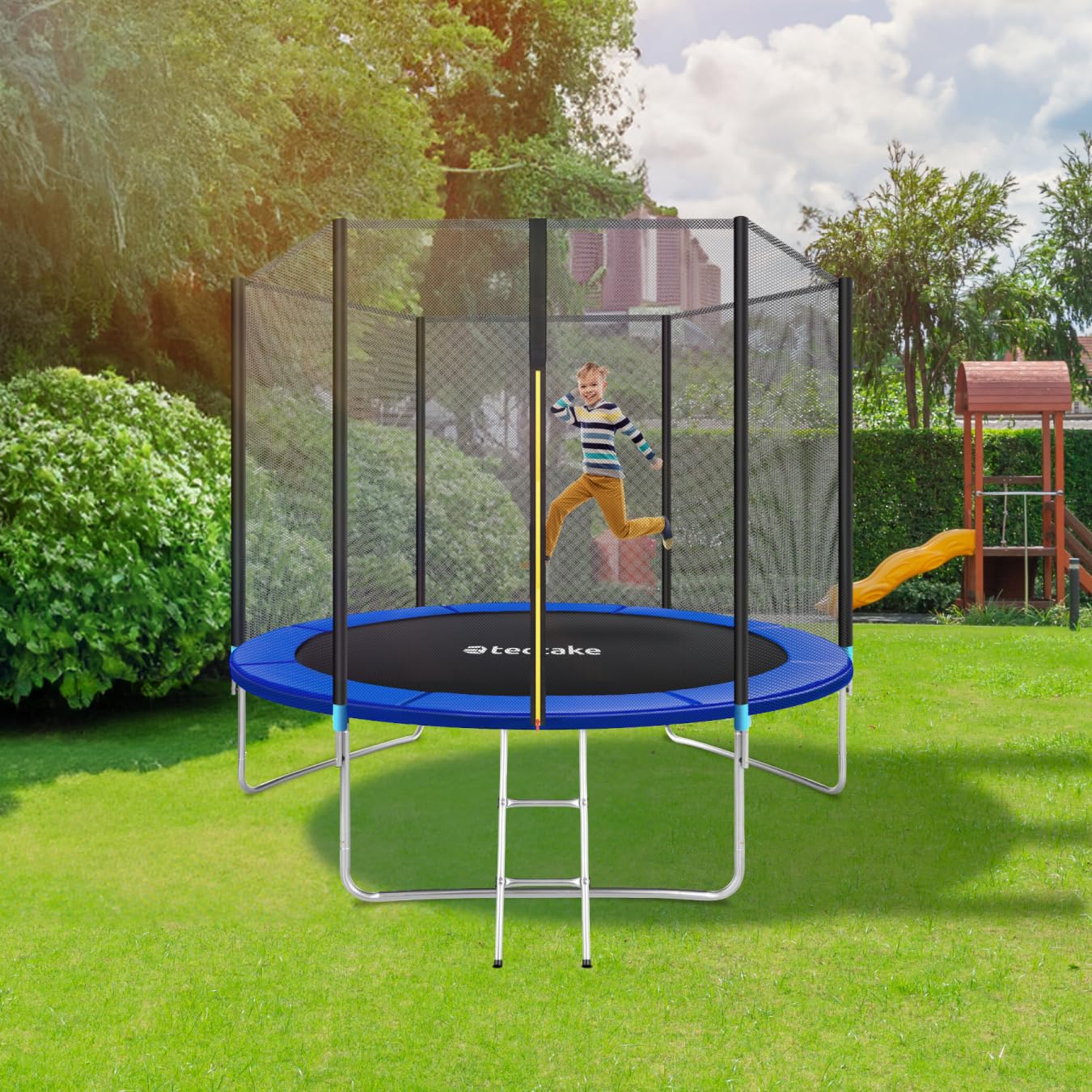 tectake® Trampoline de jardin, pour le fitness et le jeu, pour enfants et adultes, avec filet de sécurité et échelle