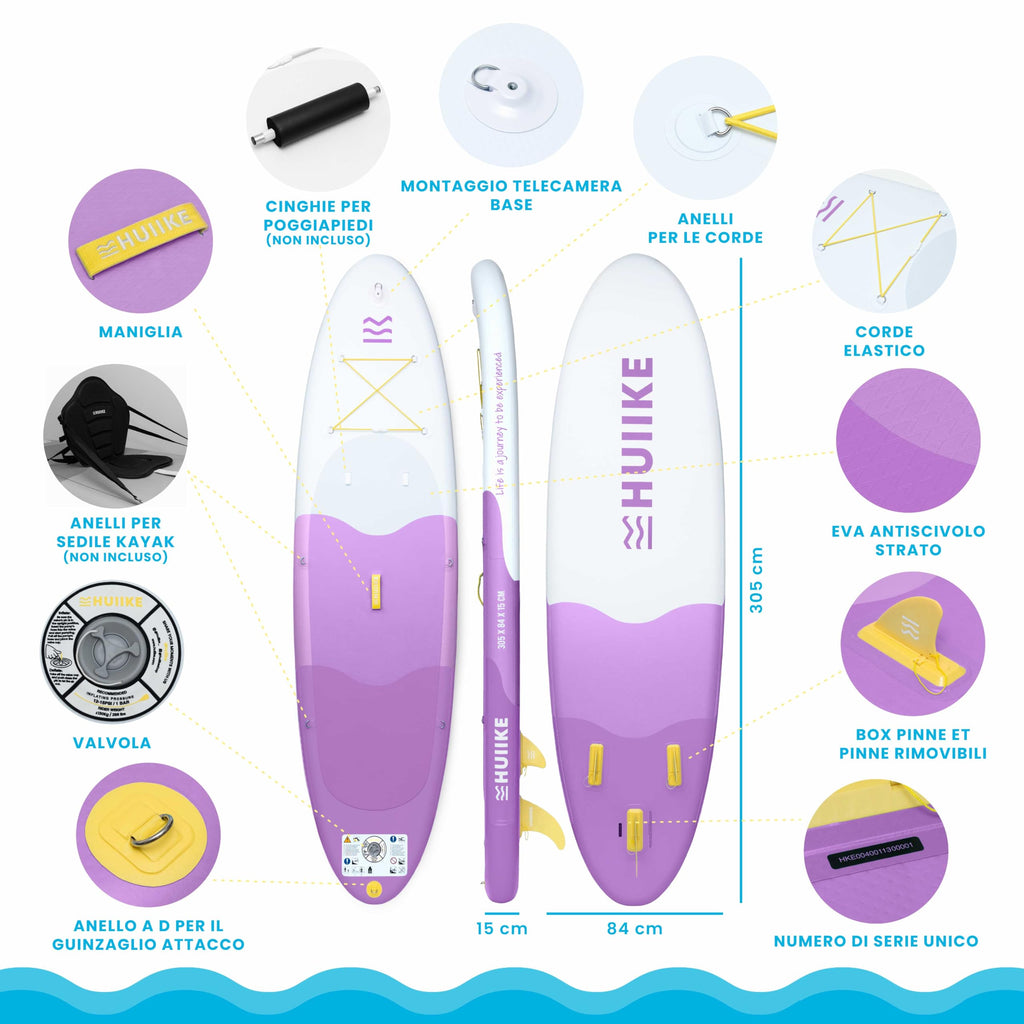 HUIIKE Tavola Sup Gonfiabile Adulti con Accessori Inclusi, Pagaia, Pinne, Pompa. Stand Up Paddle Board con Grande Stabilità e Resistenza. 305 x 84 x 15 cm, Carico Massimo 130 kg