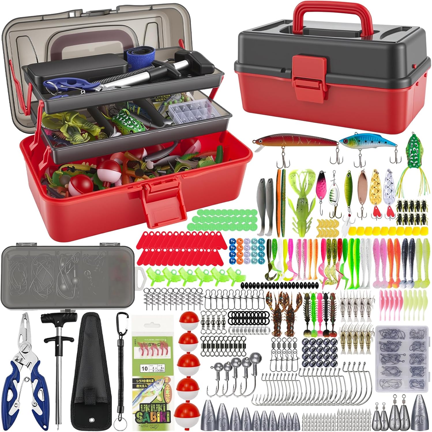 Set di 460 esche da pesca con grande scatola a 3 strati – Accessori da pesca completi con pinze, ganci, crankbait, svasatori, jig, piombo e molto altro ancora – regalo per uomini