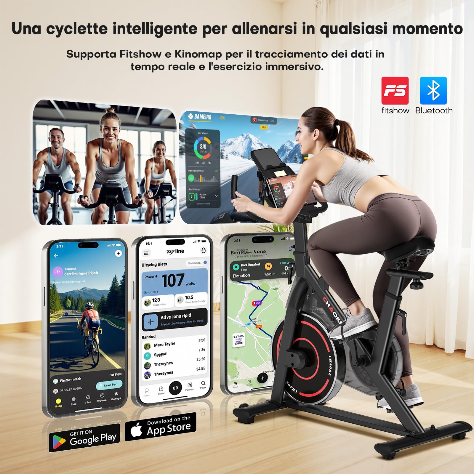CHAOKE Cyclette da Casa con App, Cyclette per Casa Magnetoresistanza ultra Silenziosa 10dB, con Applicazione, Sedile Morbido e Traspirante e Schermo LCD, Peso Massimo di 150KG Cyclette Professionale