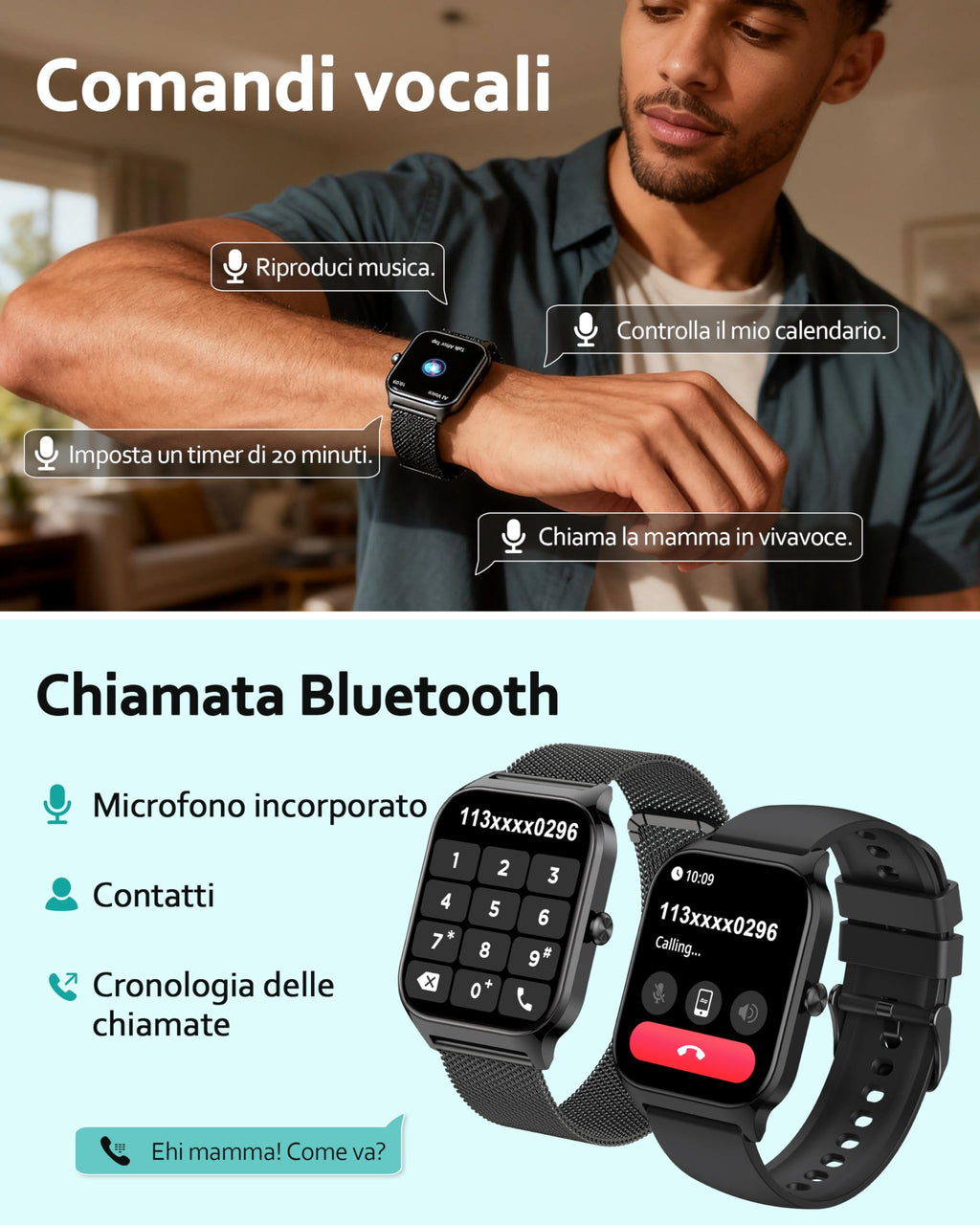 Popglory Smartwatch Uomo Donna Chiamate e Whatsapp, AI Orologio Contapassi 100+ Sports, Assistente, Salute 24/7, Pressione Sanguigna, Cardiofrequenzimetro, SpO2 Sonno, 2 Cinturini per Android iOS