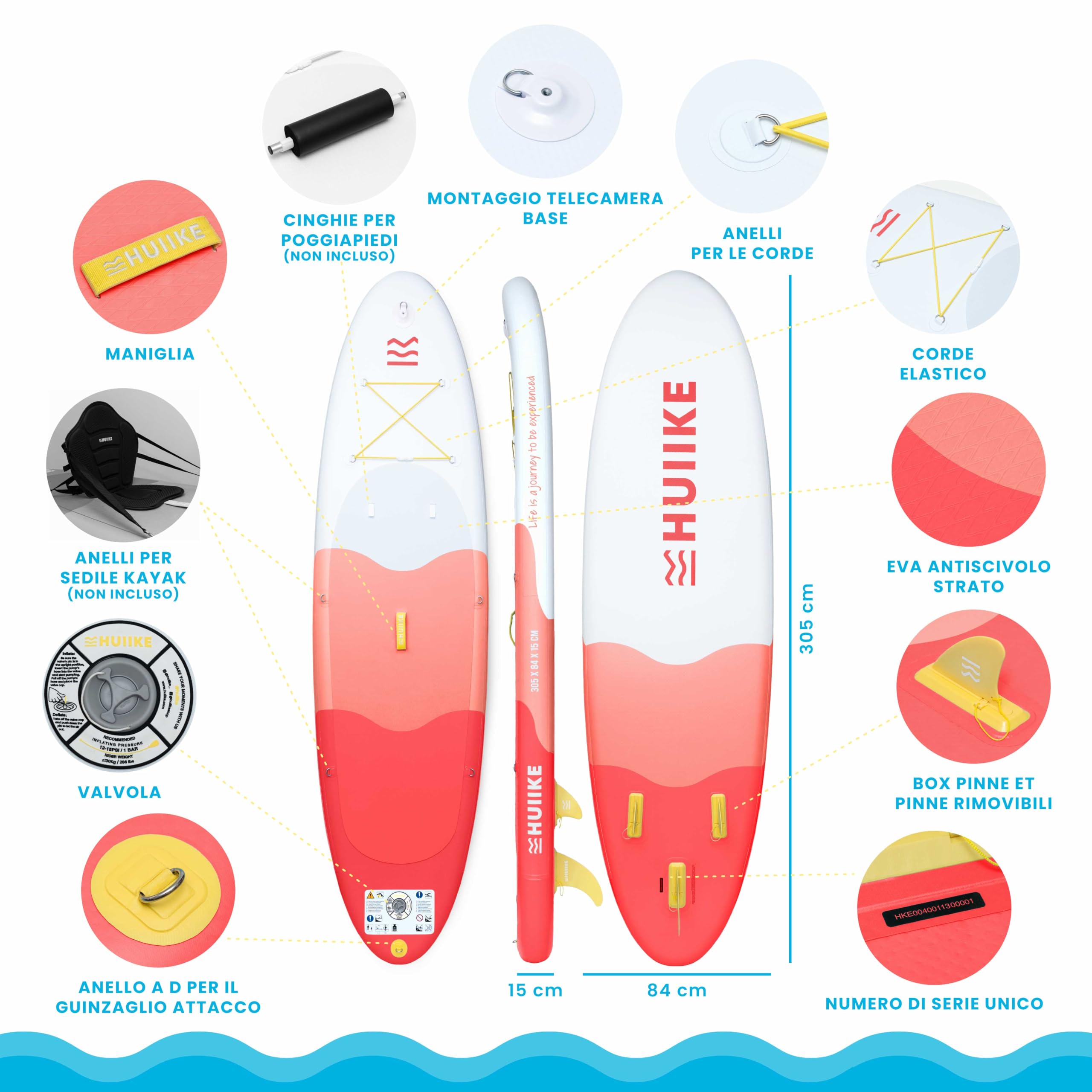 HUIIKE Tavola Sup Gonfiabile Adulti con Accessori Inclusi, Pagaia, Pinne, Pompa. Stand Up Paddle Board con Grande Stabilità e Resistenza. 305 x 84 x 15 cm, Carico Massimo 130 kg