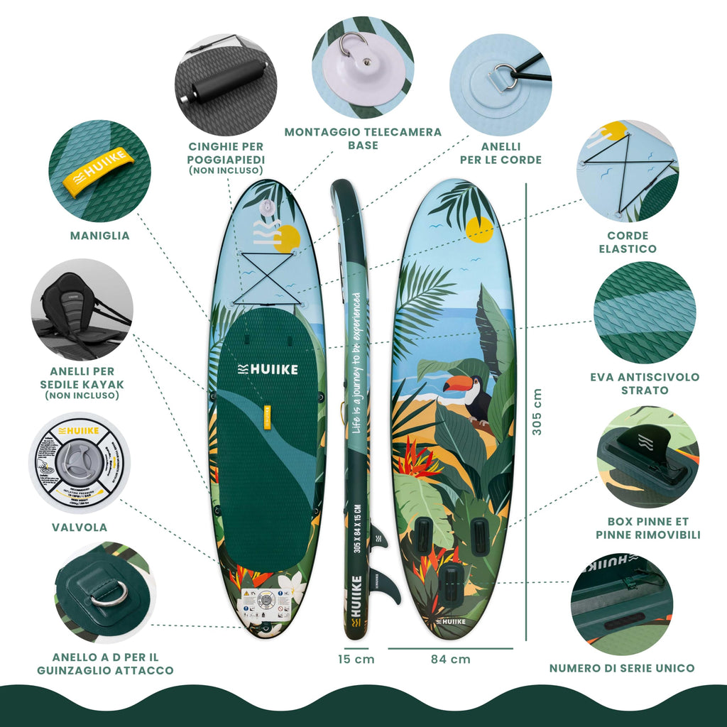 HUIIKE Tavola Sup Gonfiabile Adulti con Accessori Inclusi, Pagaia, Pinne, Pompa. Stand Up Paddle Board con Grande Stabilità e Resistenza. 305 x 84 x 15 cm, Carico Massimo 130 kg
