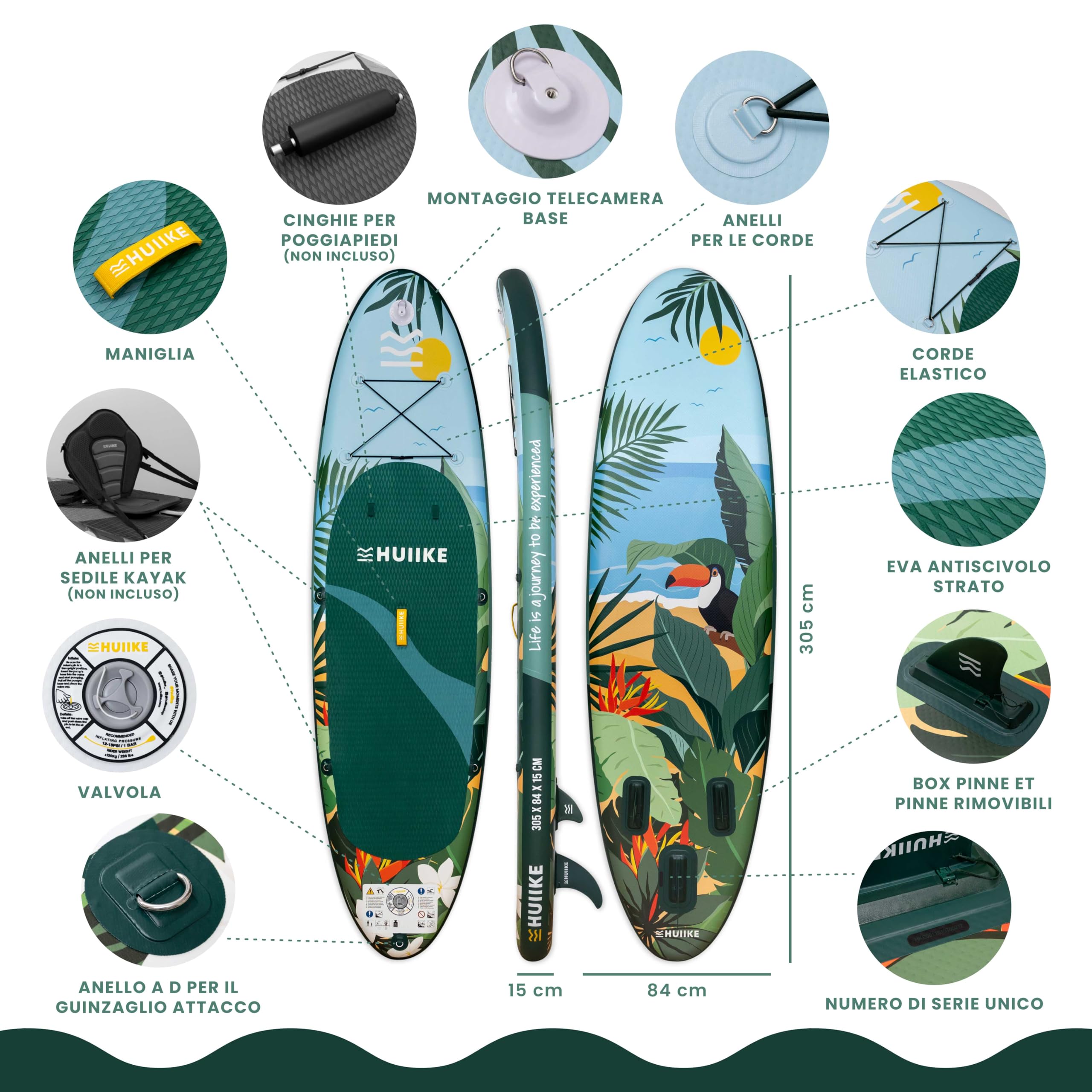 HUIIKE Tavola Sup Gonfiabile Adulti con Accessori Inclusi, Pagaia, Pinne, Pompa. Stand Up Paddle Board con Grande Stabilità e Resistenza. 305 x 84 x 15 cm, Carico Massimo 130 kg