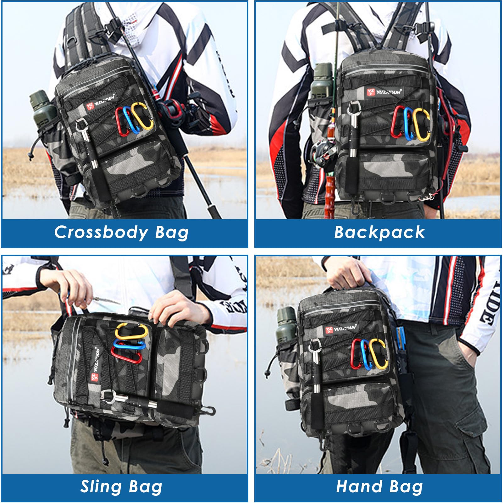 Zaino per Attrezzatura Pesca con Portacanna - Borsa Impermeabile e Traspirante per Pesca, Escursionismo, Caccia, Campeggio (Black)